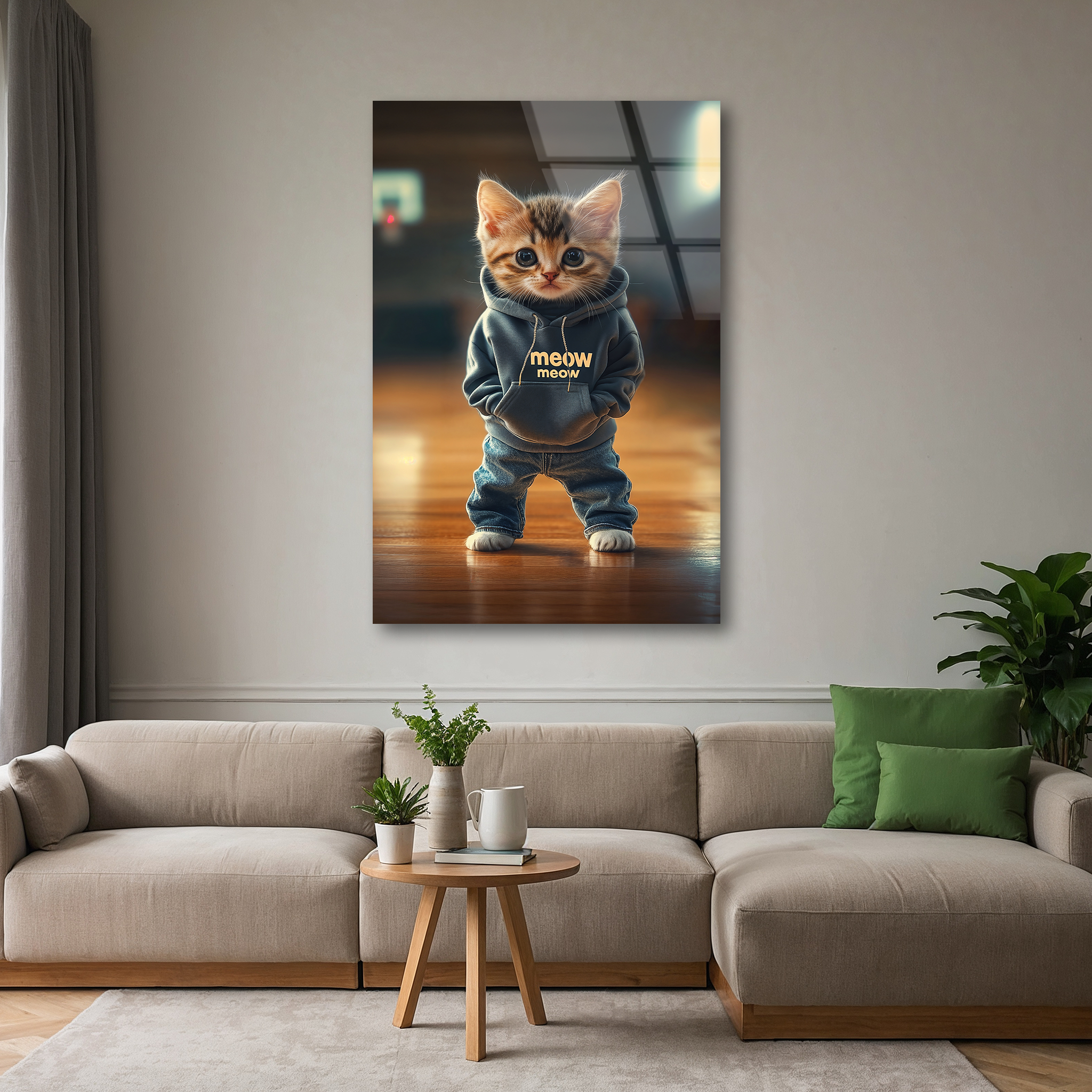 Adorable Kitten in Denim & Hoodie | Premium HD Metal Wall Art