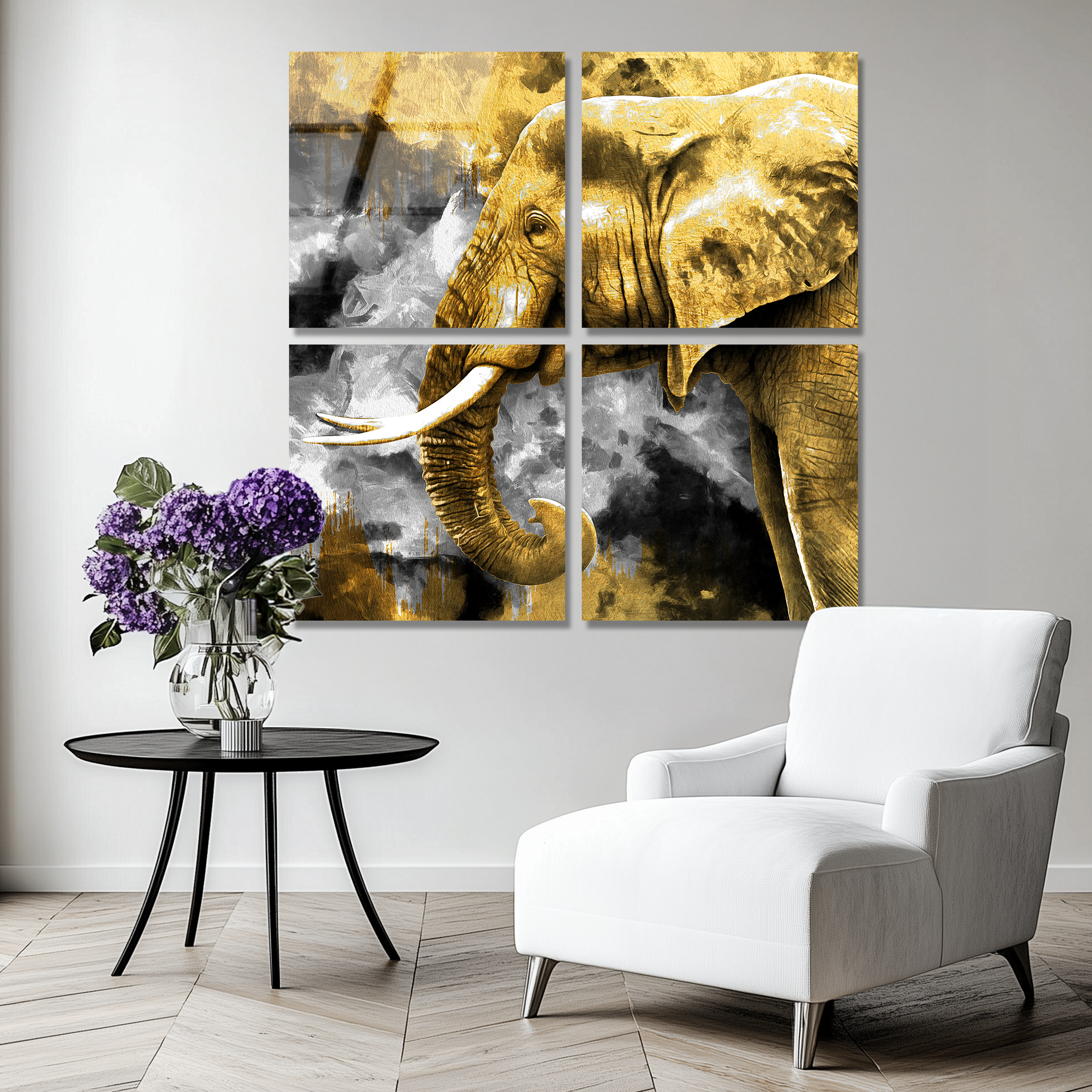 Mega Size Gold Elephant Quatro | Premium HD Metal Wall Art