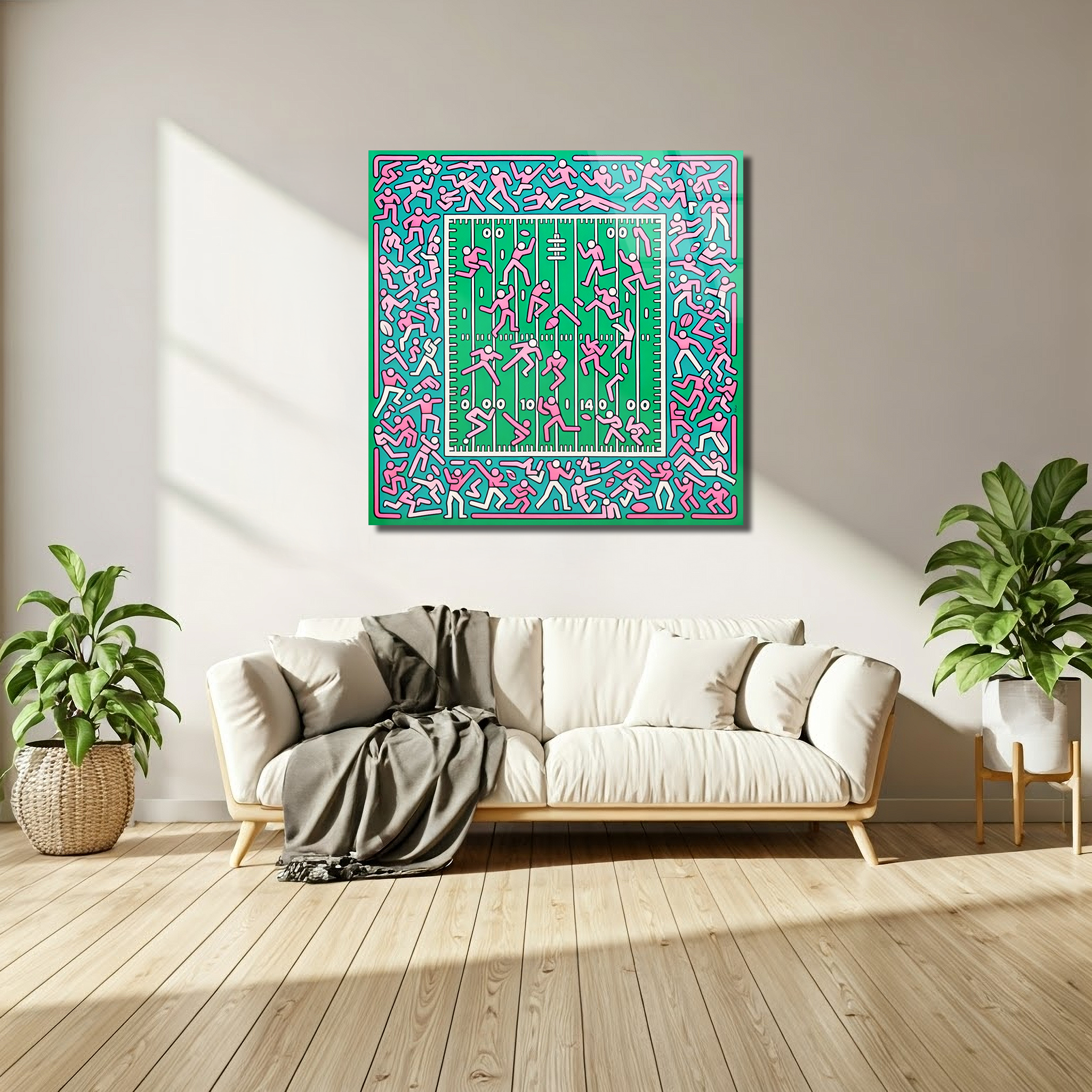 Whimsical Green & Pink Abstract Inspired by Keith Haring | Premium HD Metal Wall Art