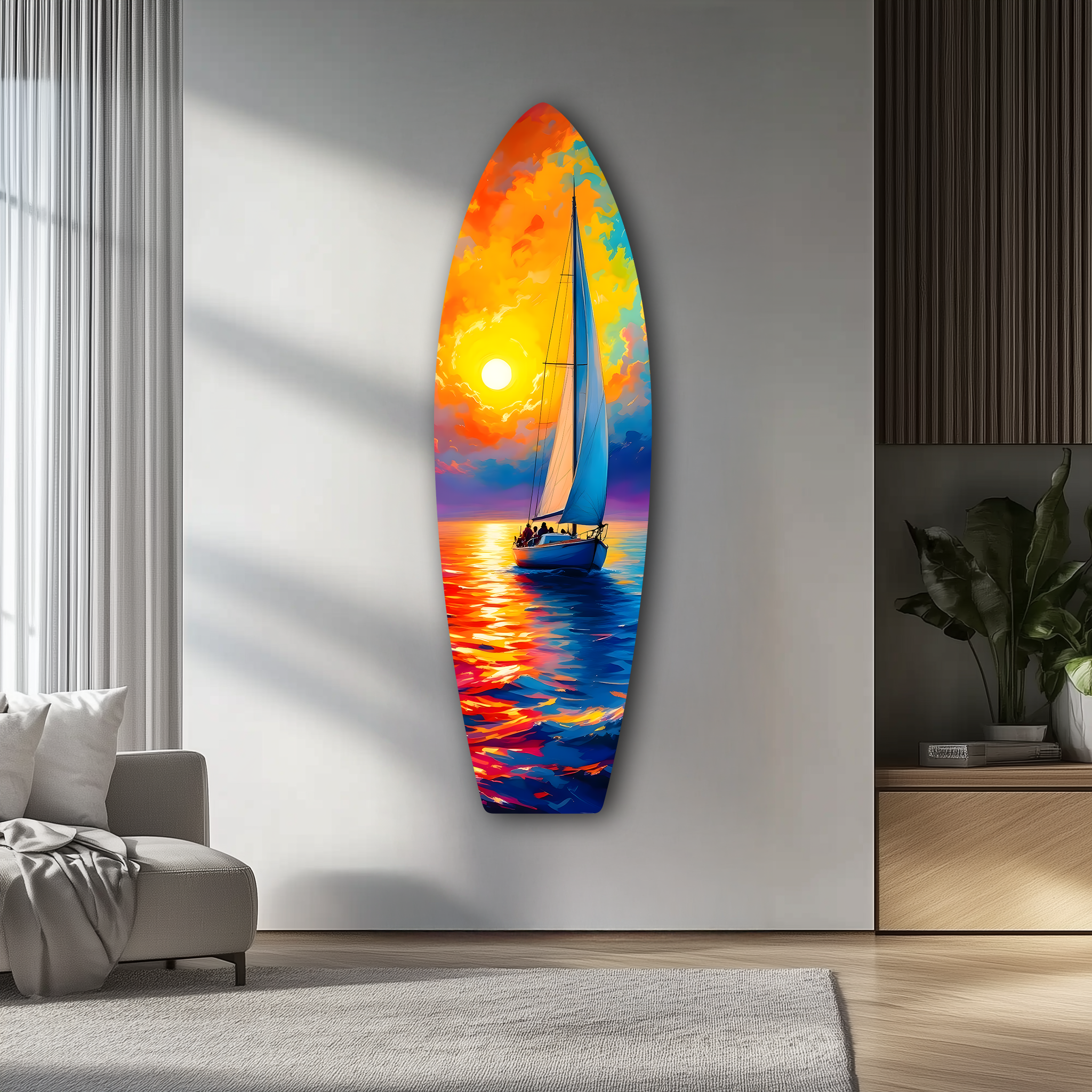 Colorful Boat on the Sea Surfboard | Premium HD Metal Wall Art