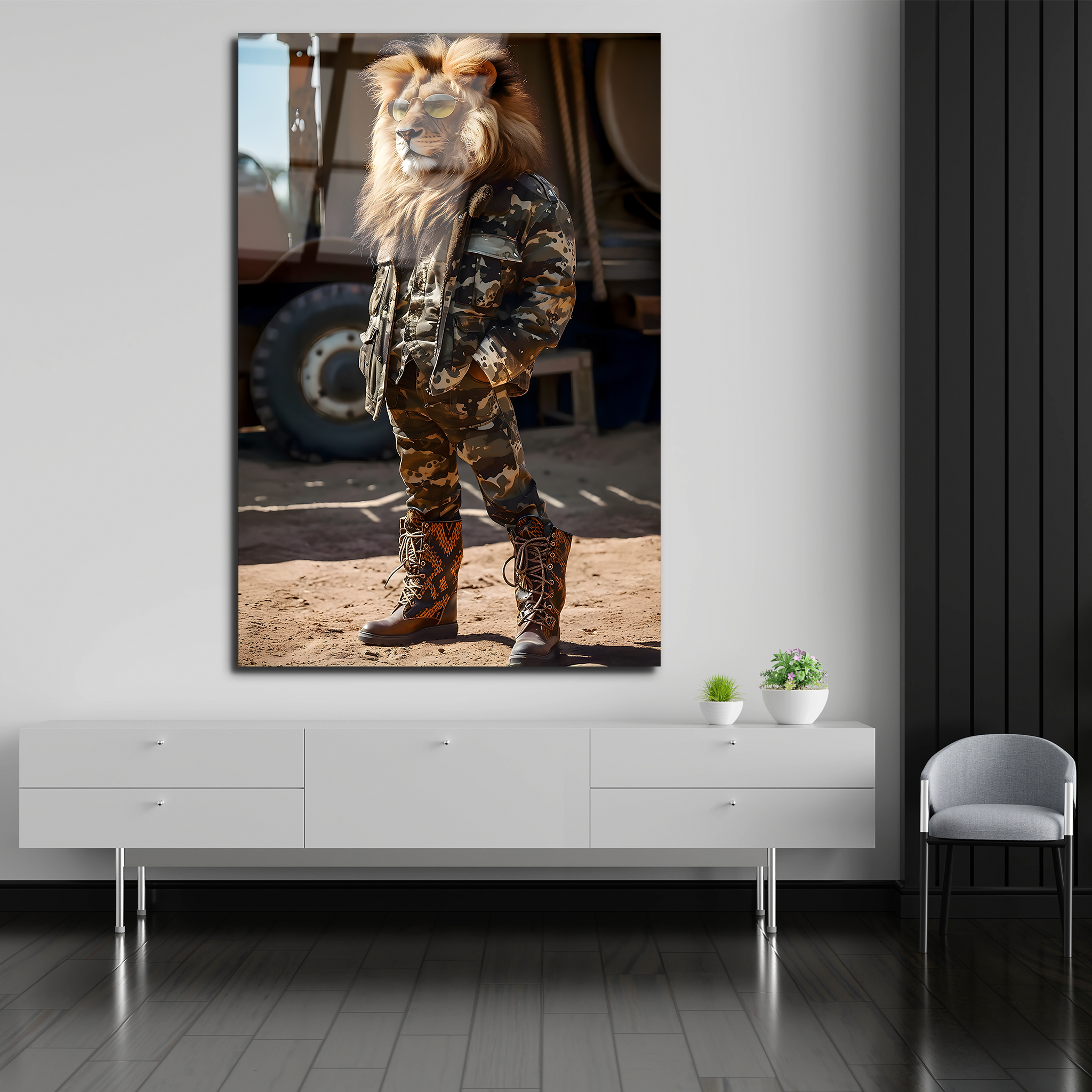 Lion in Army Clothes | Premium HD Metal Wall Art