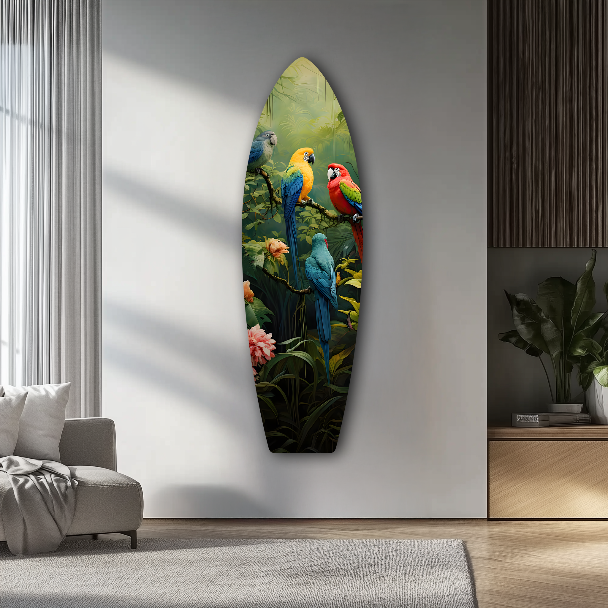 Colorful Parrots Surfboard | Premium HD Metal Wall Art