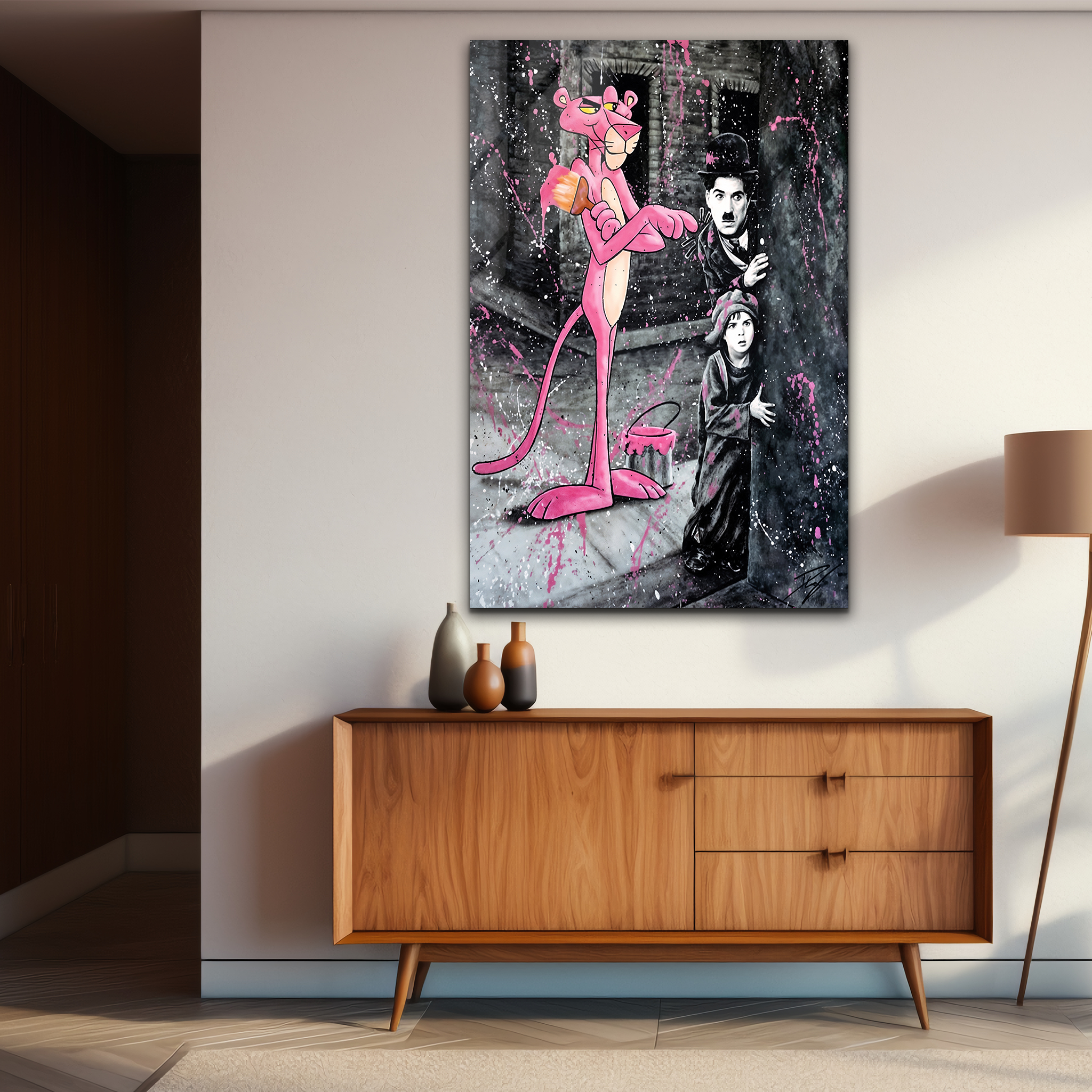 Charlie Chaplin & Pink Panther Art Print | Premium HD Metal Wall Art