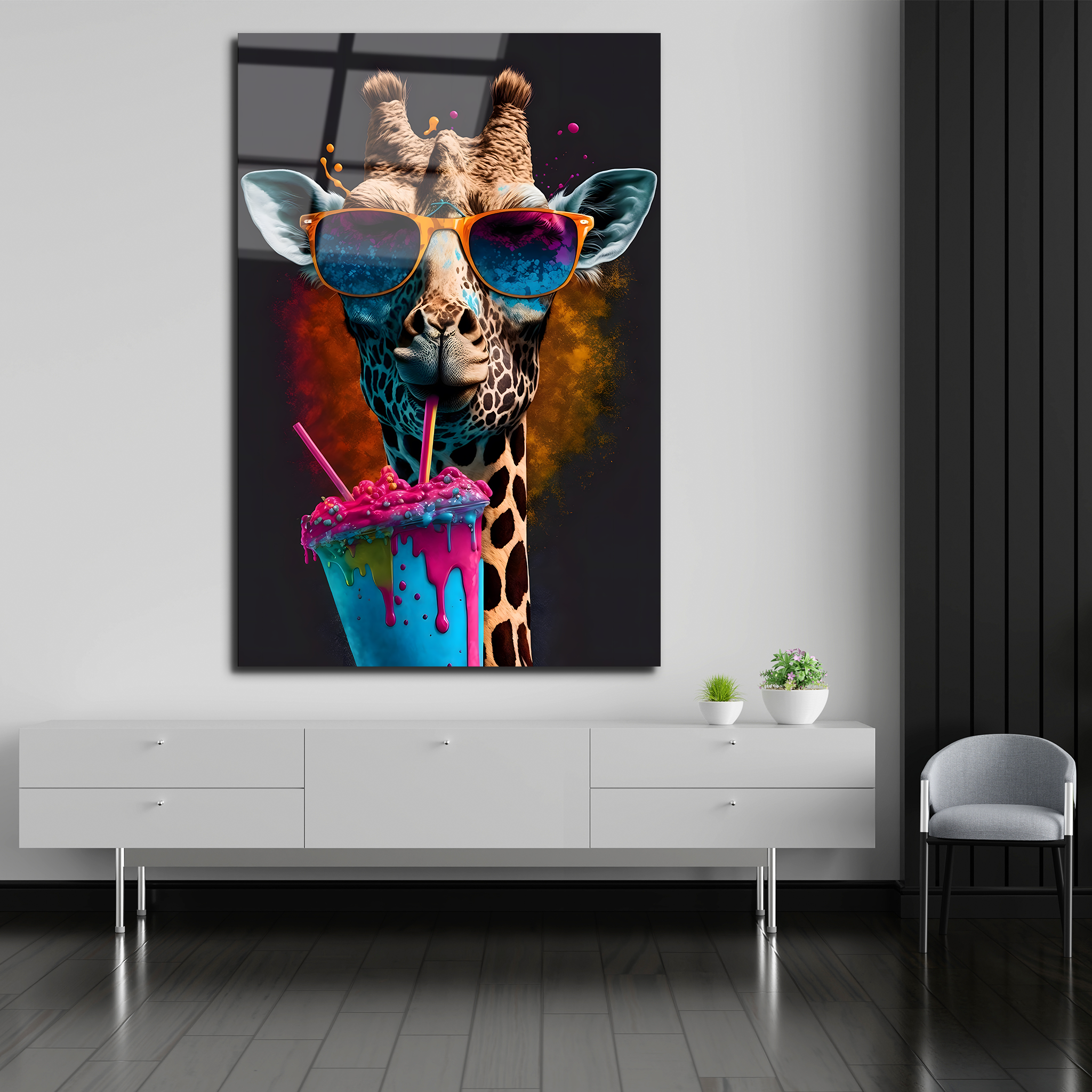 Giraffe in Sunglasses Drinking Smoothie | Premium HD Metal Wall Art