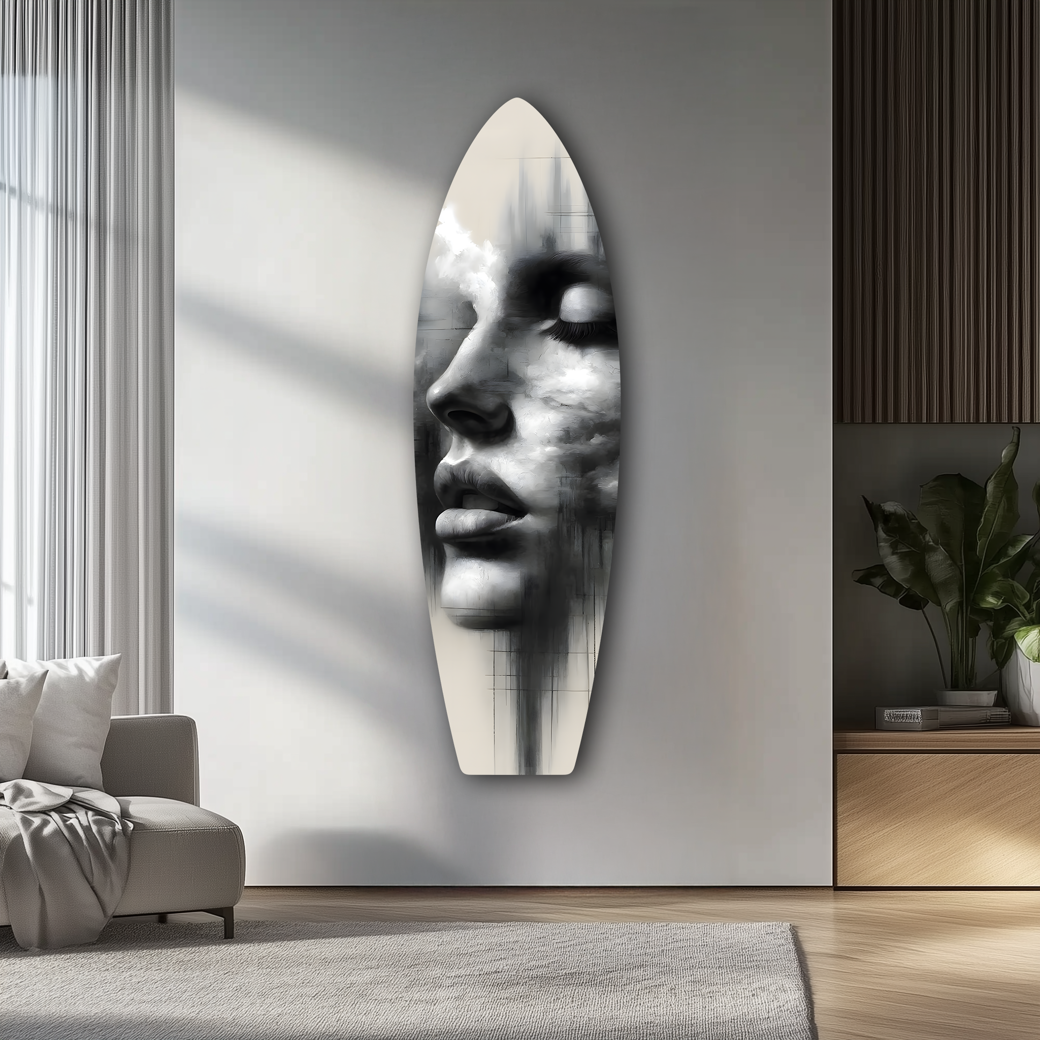 Black and White Portrait Surfboard | Premium HD Metal Wall Art
