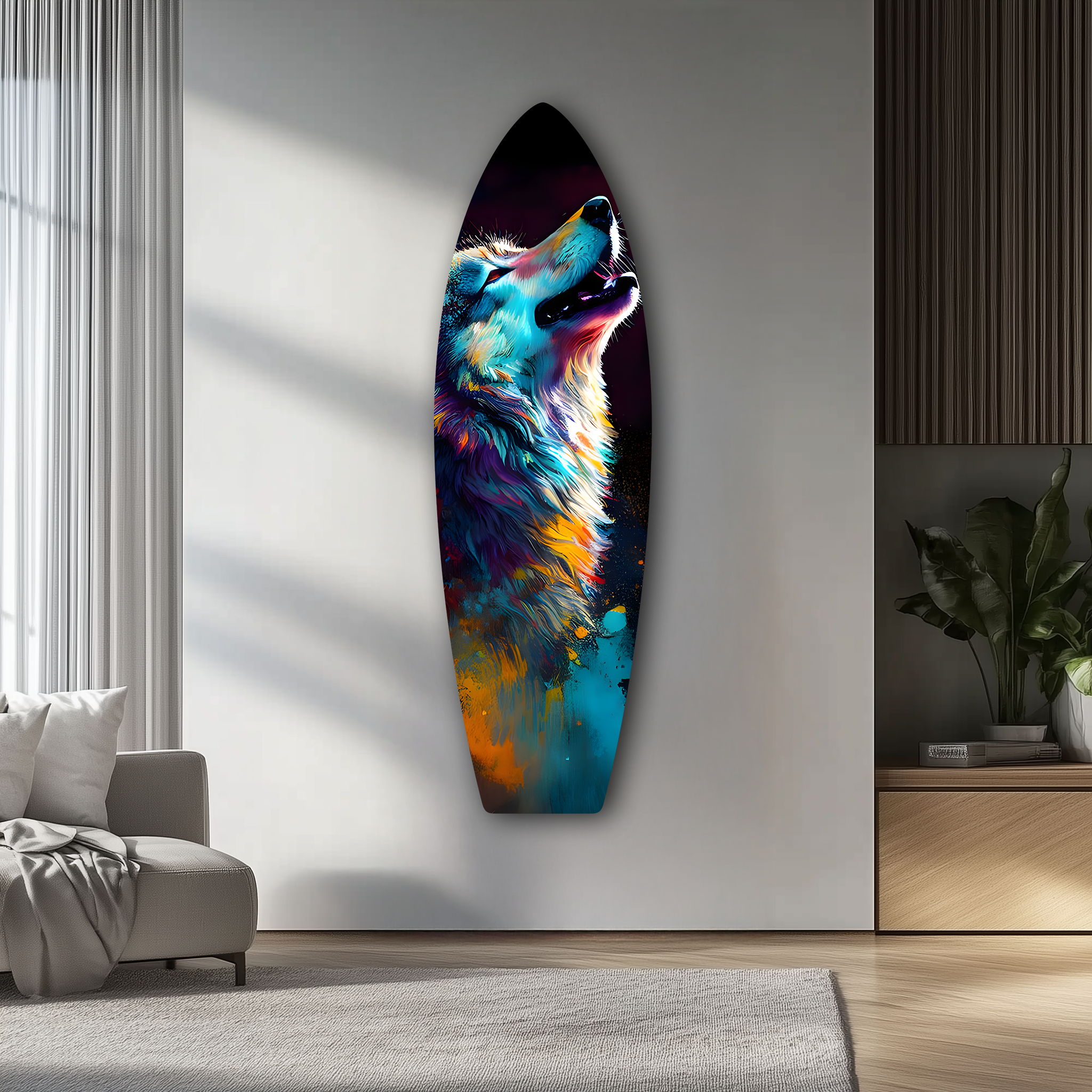 Colorful Wolf Surfboard | Premium HD Metal Wall Art