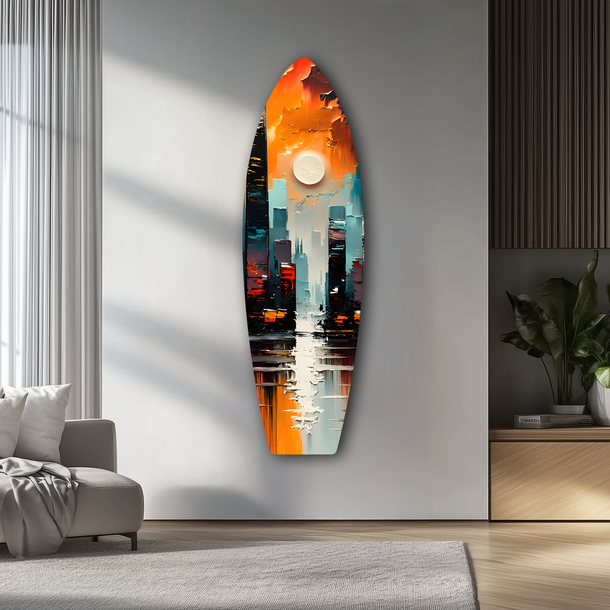 Abstract Colorful City Surfboard | Premium HD Metal Wall Art