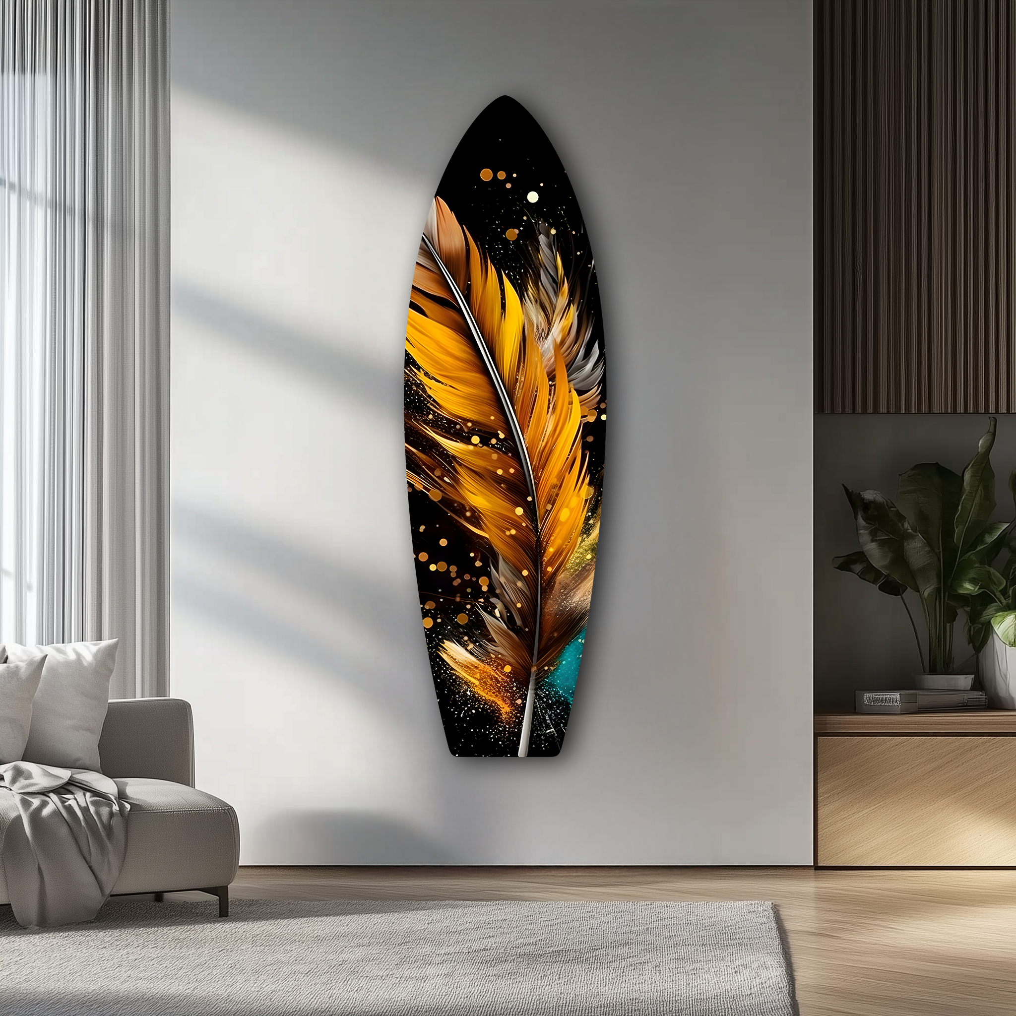 Gold Feather Surfboard | Premium HD Metal Wall Art