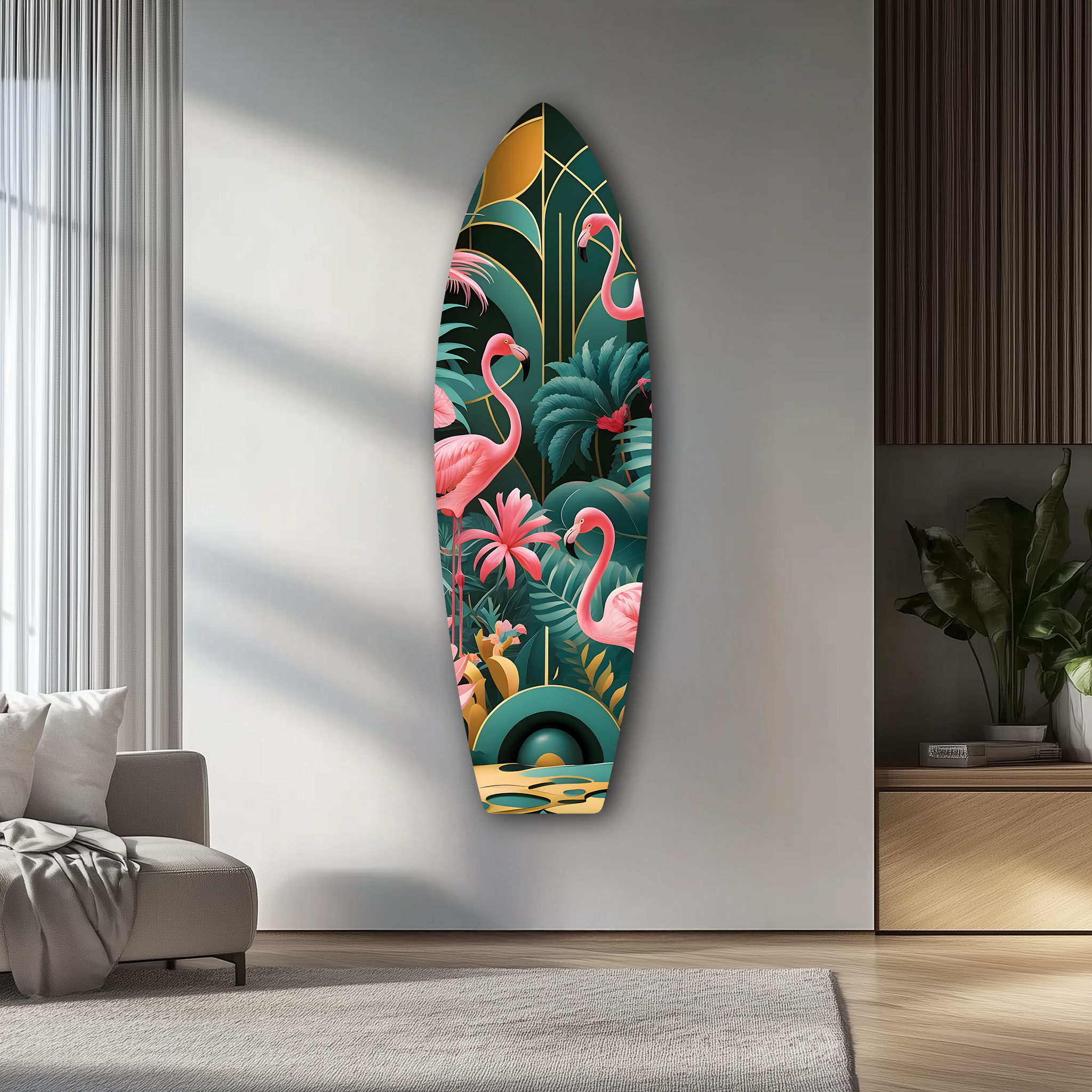 Colorful Flamingo Surfboard | Premium HD Metal Wall Art
