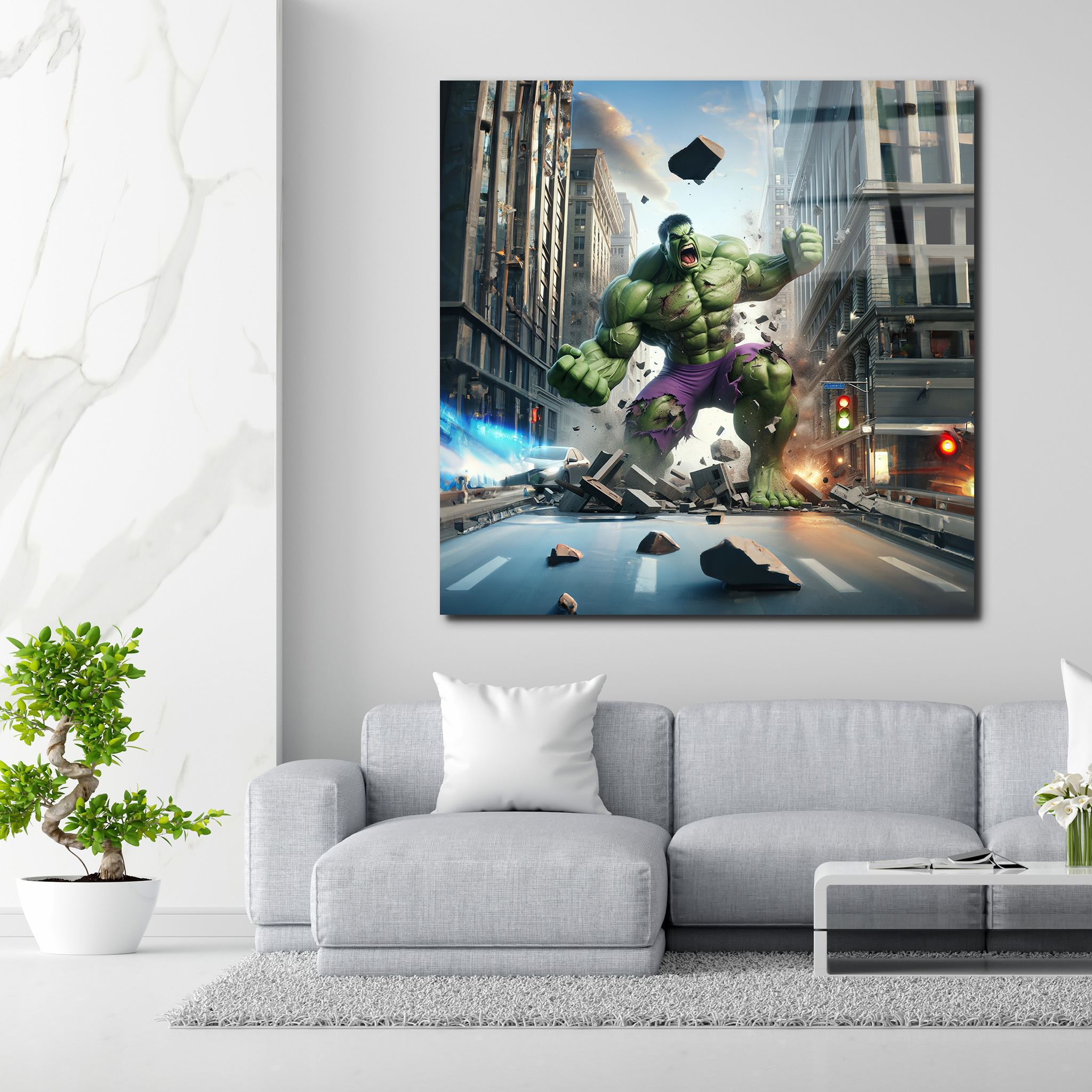 Hulk smash in city | Premium HD Metal Wall Art