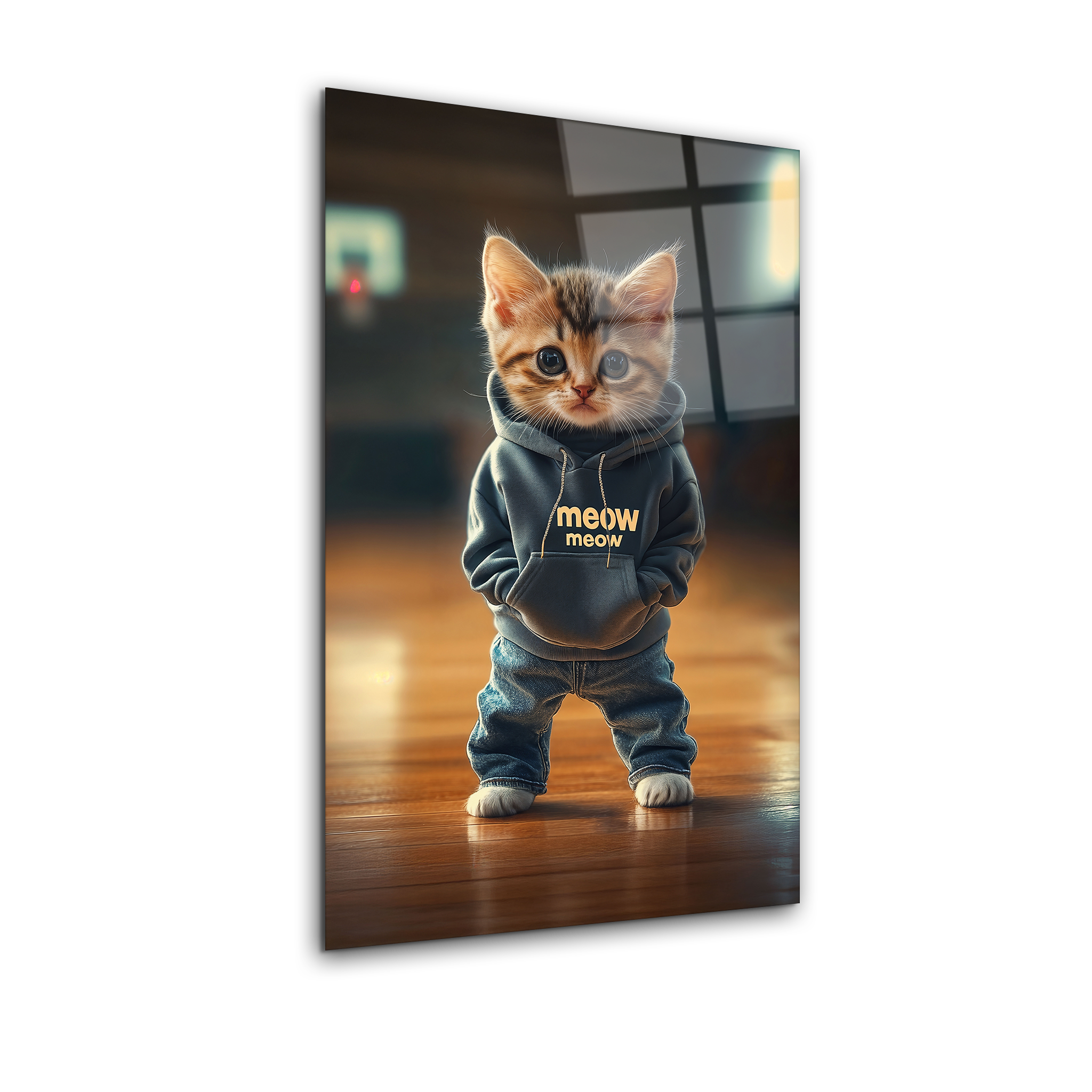 Adorable Kitten in Denim & Hoodie | Premium HD Metal Wall Art