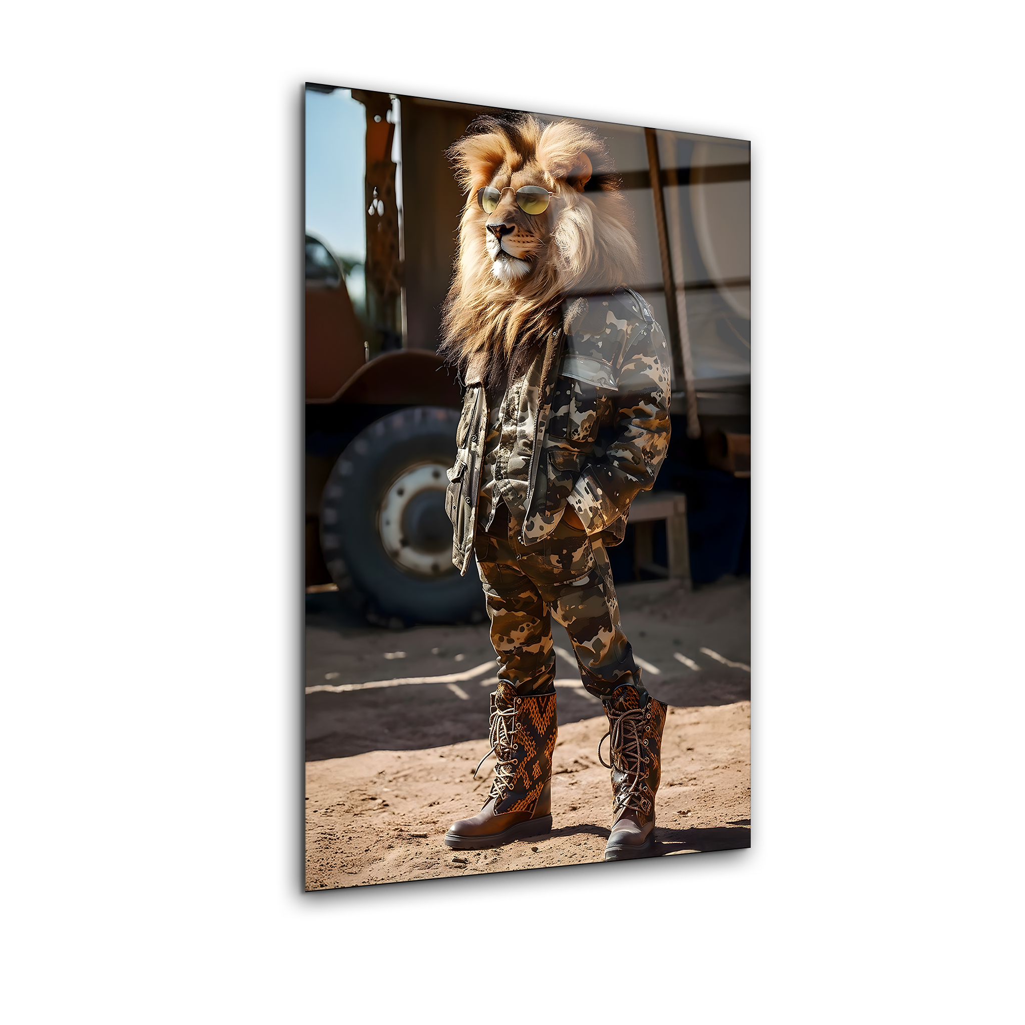 Lion in Army Clothes | Premium HD Metal Wall Art