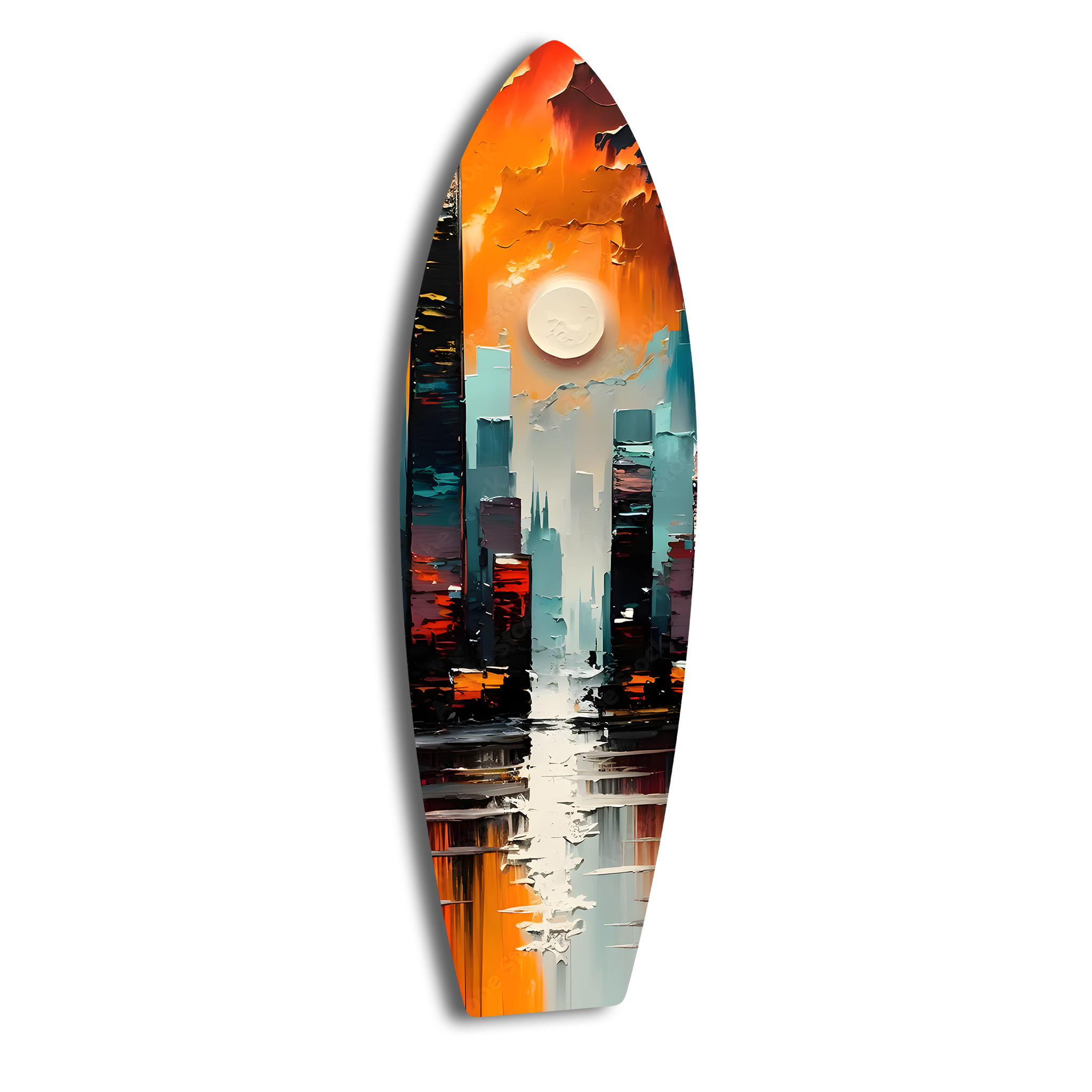 Abstract Colorful City Surfboard | Premium HD Metal Wall Art