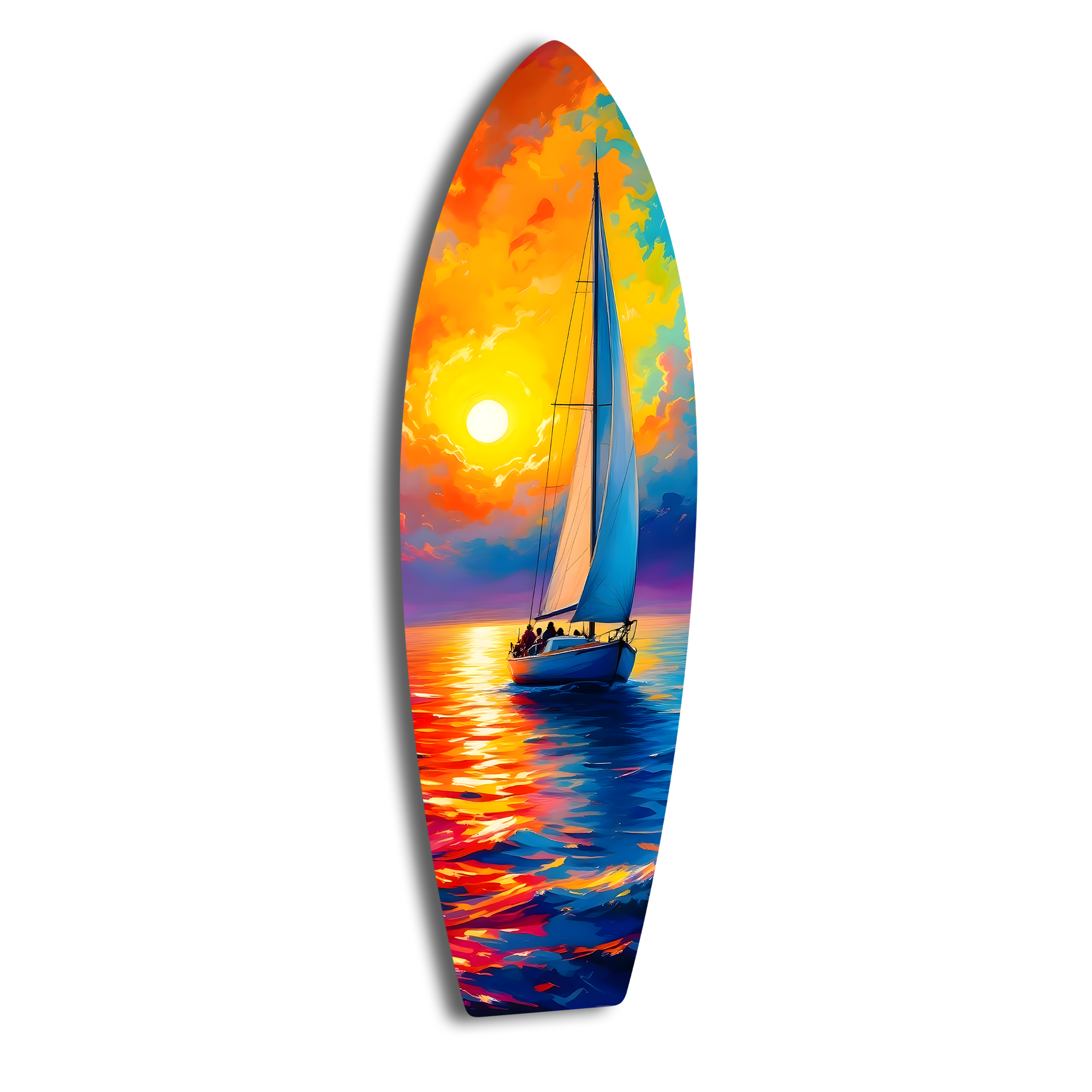 Colorful Boat on the Sea Surfboard | Premium HD Metal Wall Art