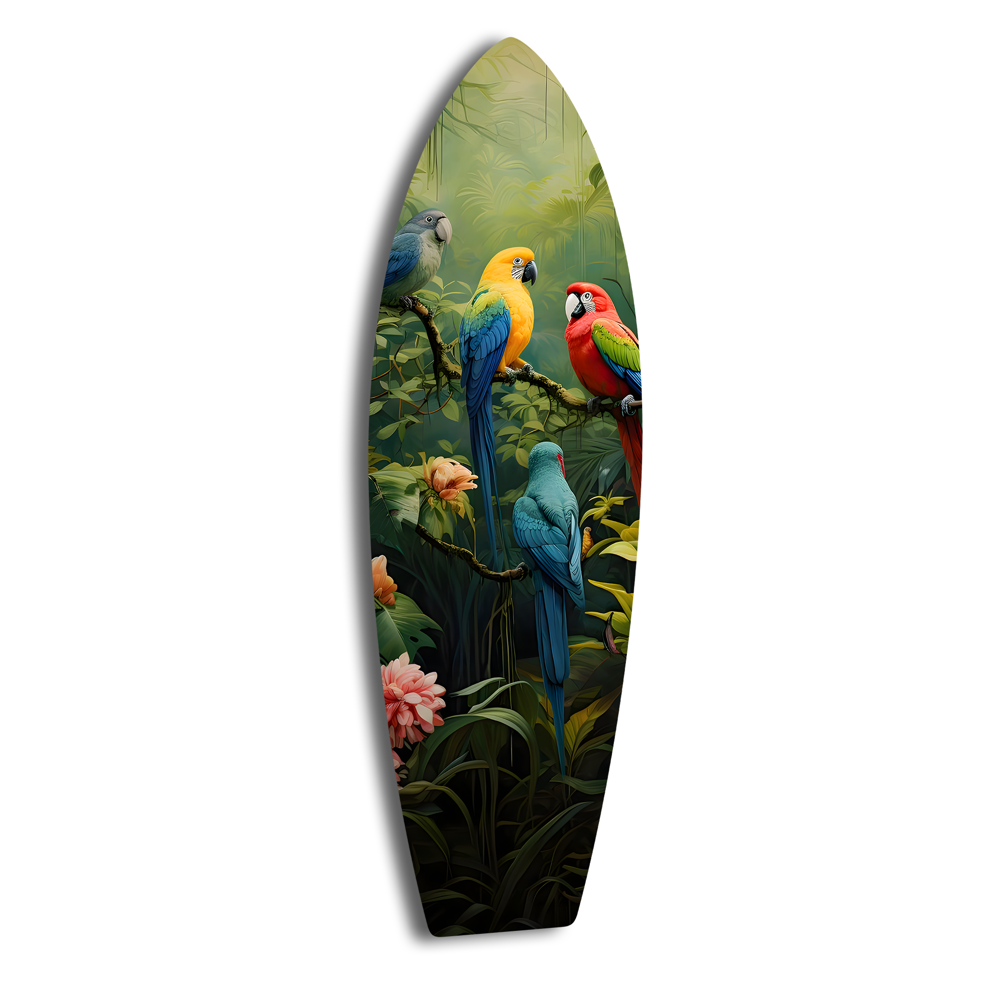 Colorful Parrots Surfboard | Premium HD Metal Wall Art