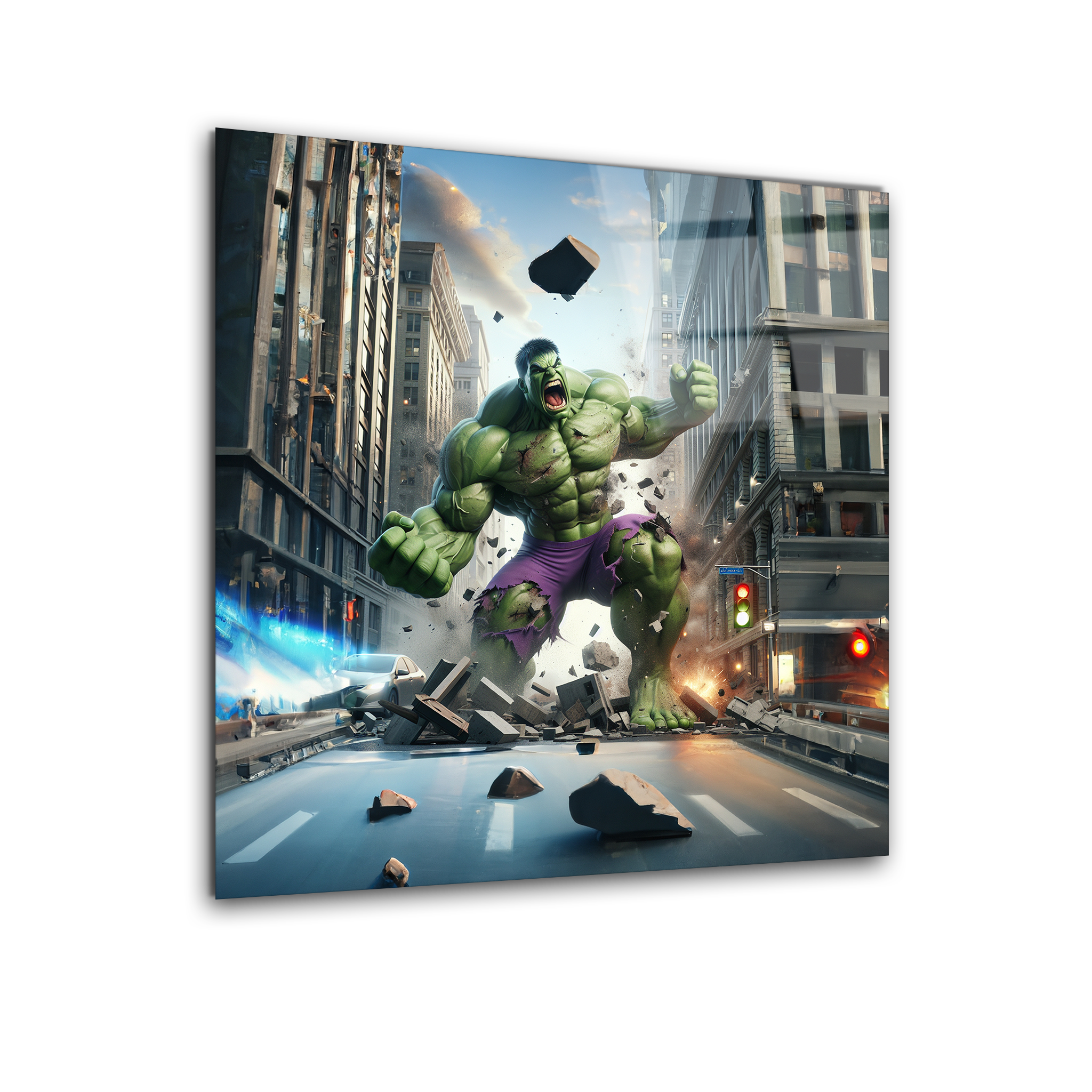 Hulk smash in city | Premium HD Metal Wall Art