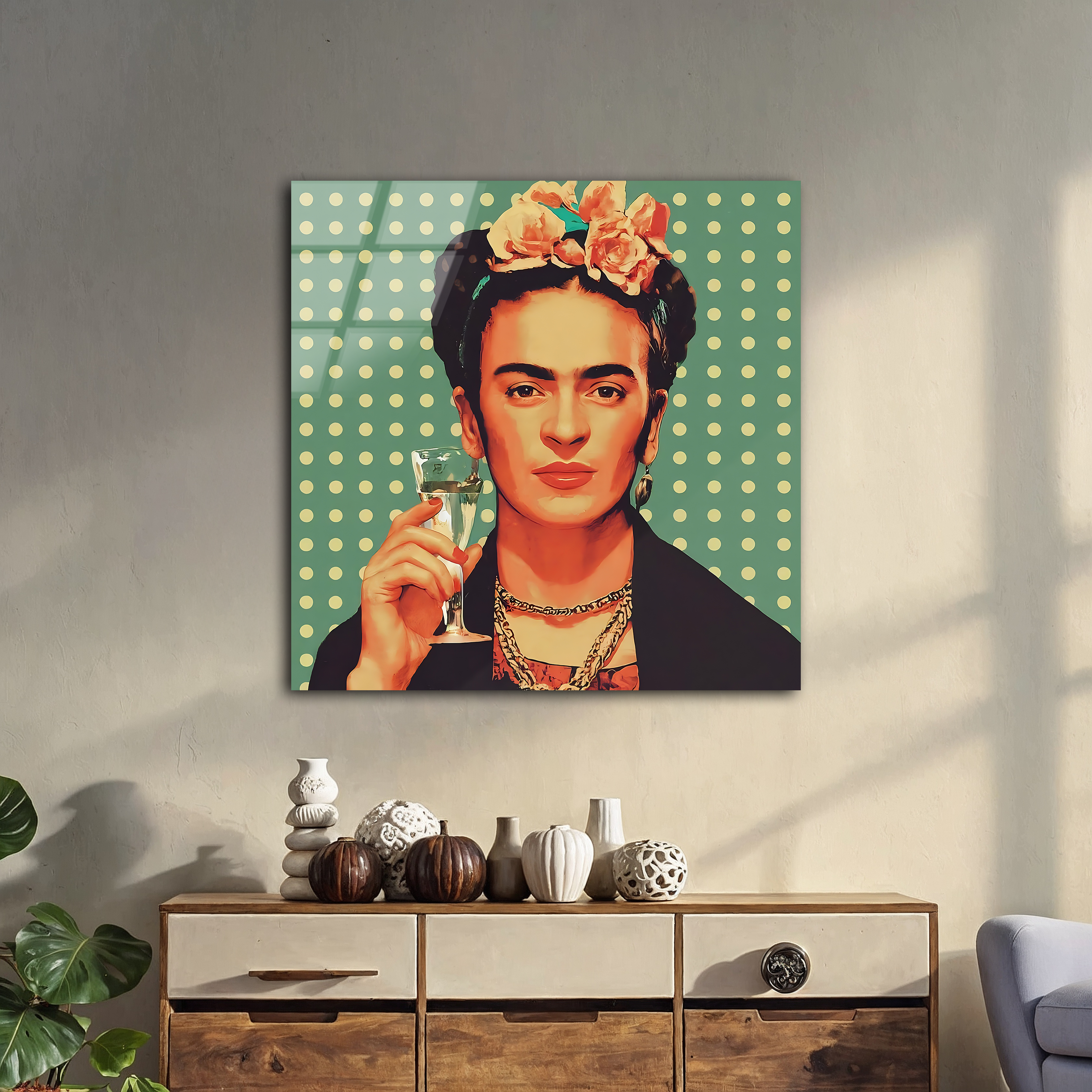 Frida Kahlo Pop Art with Champagne | Premium HD Metal Wall Art