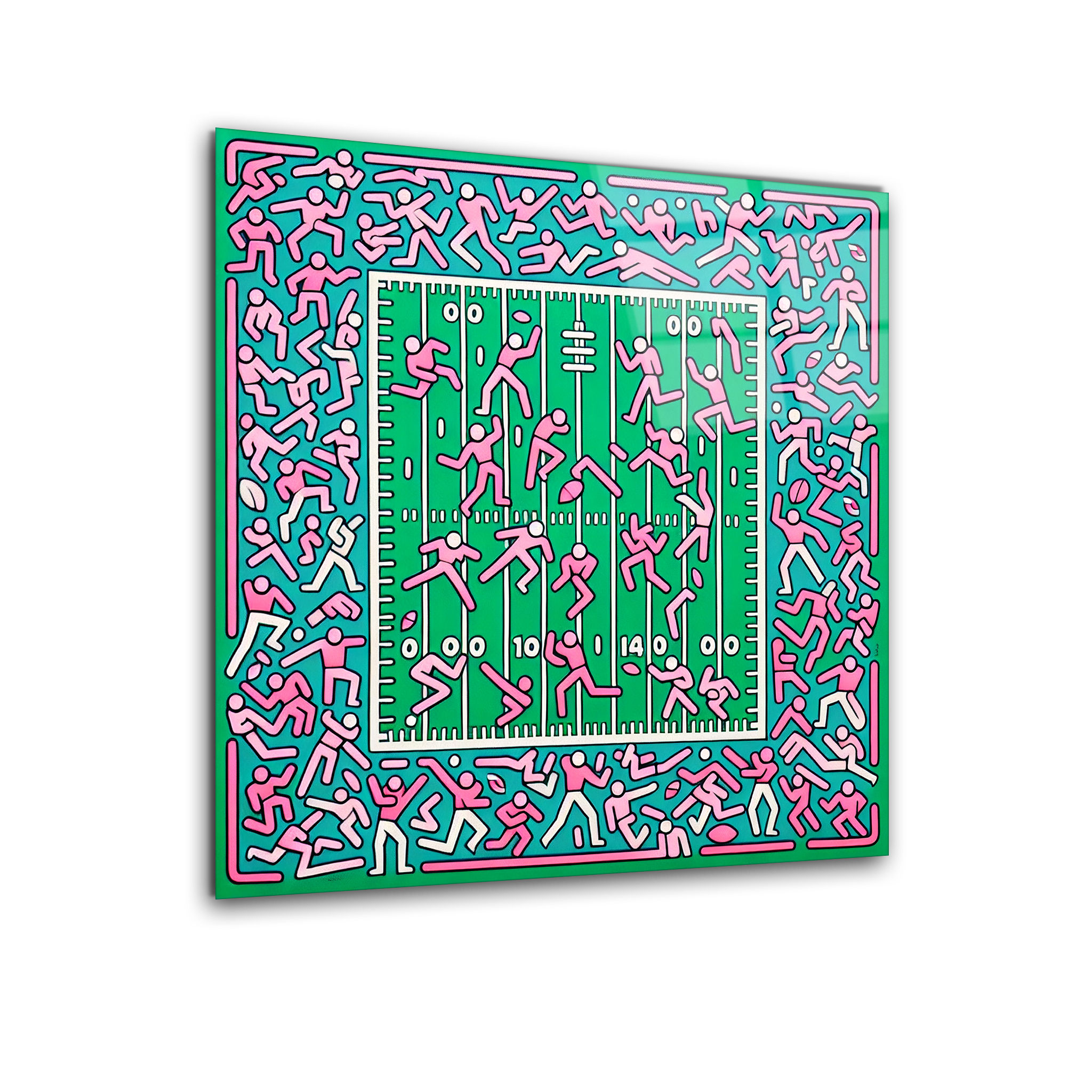 Whimsical Green & Pink Abstract Inspired by Keith Haring | Premium HD Metal Wall Art