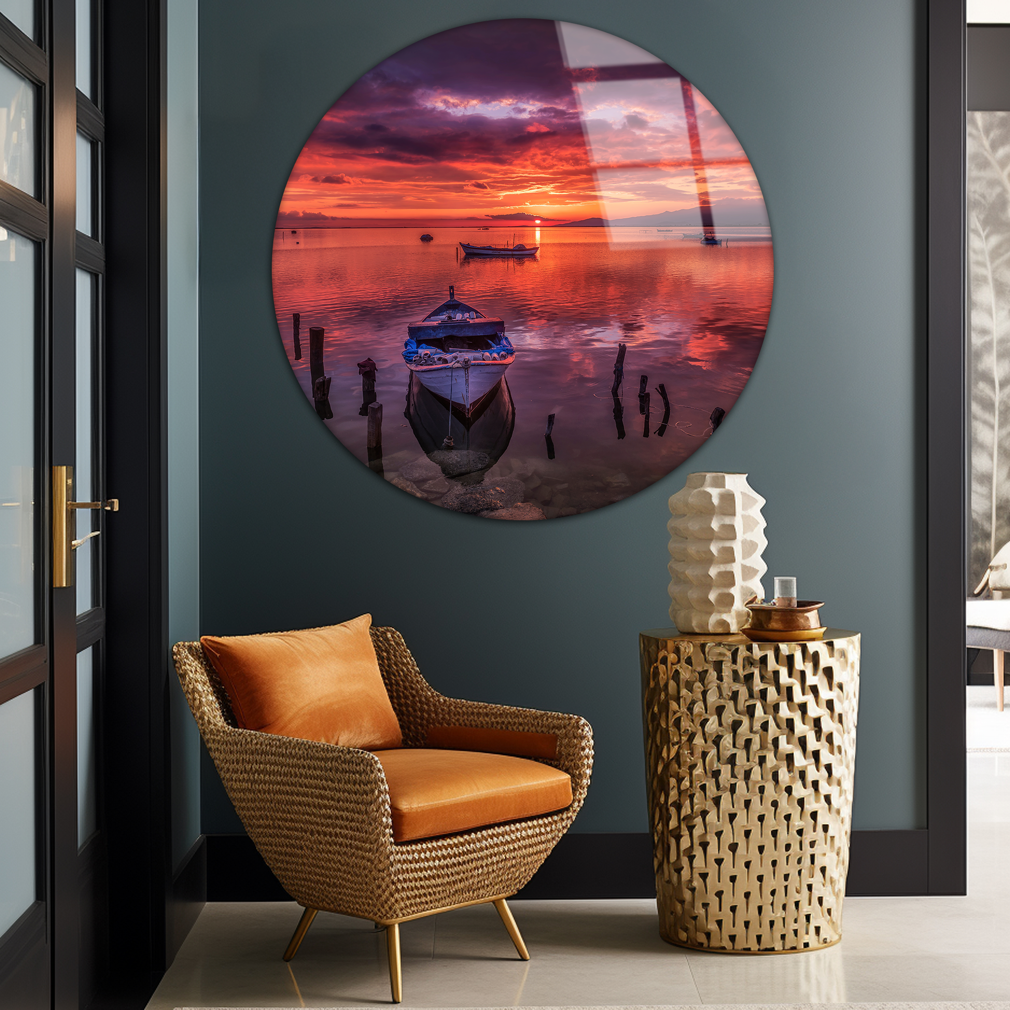 Boats at Sunset | Premium HD Round Wall Art