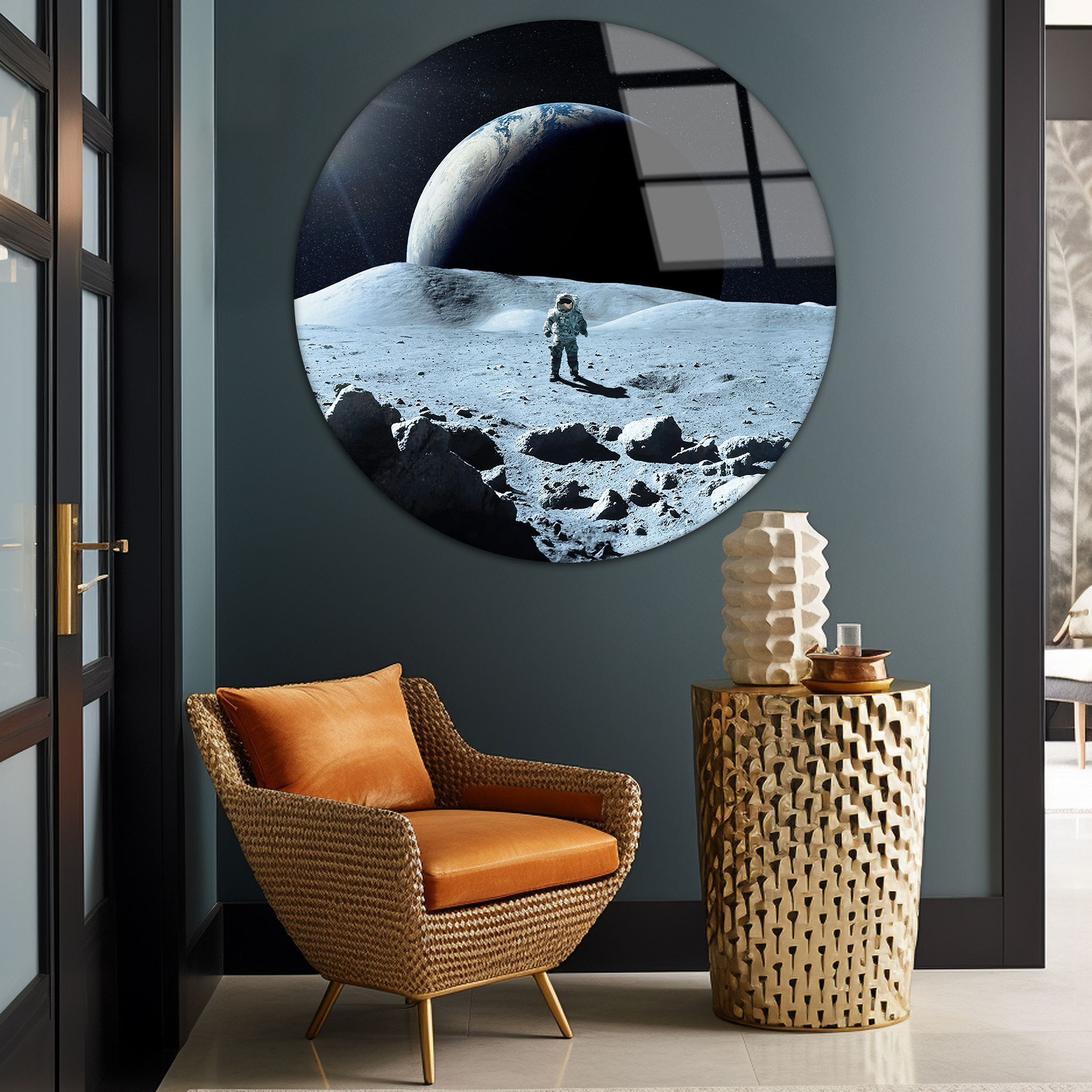 Moon Surface & Cosmonaut | Premium HD Round Wall Art