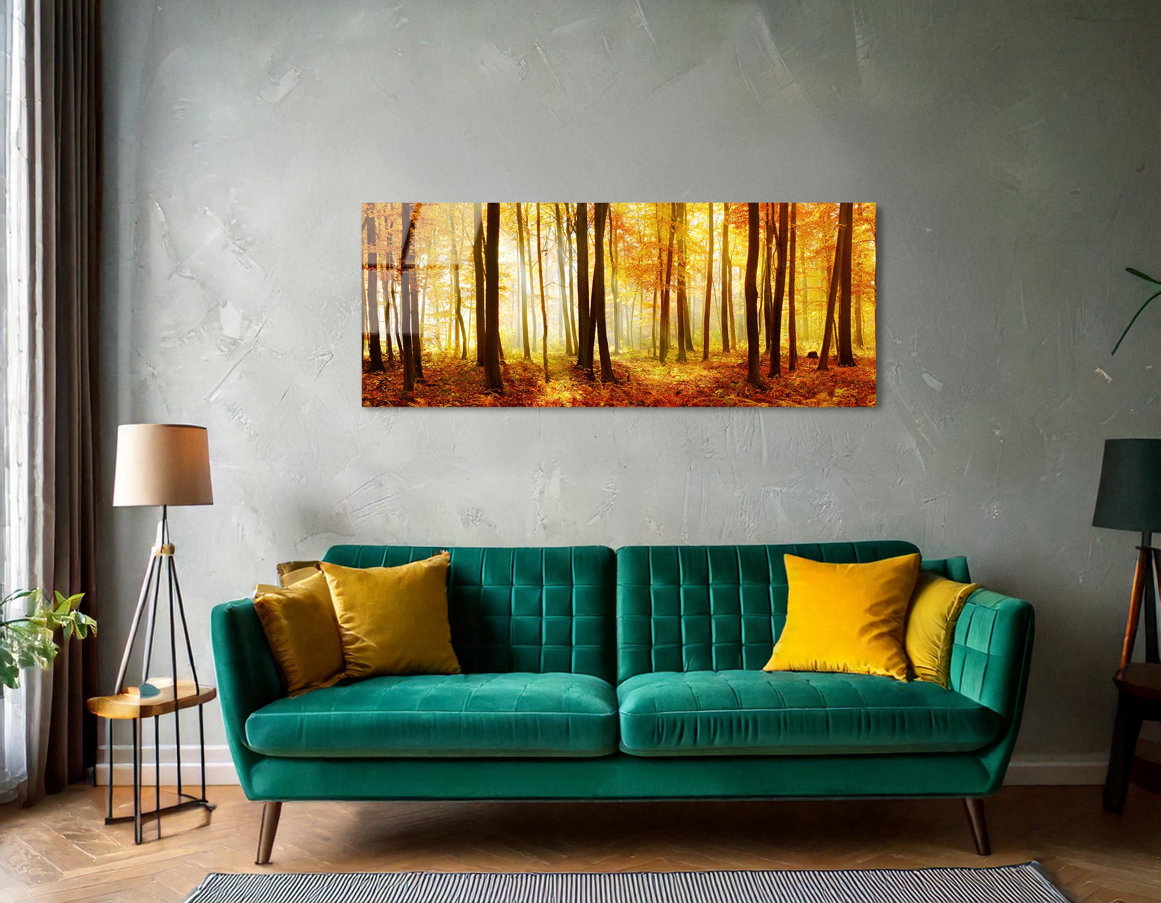 Autumn Forest with Sunbeams and Fog | Premium HD Metal Wall Art