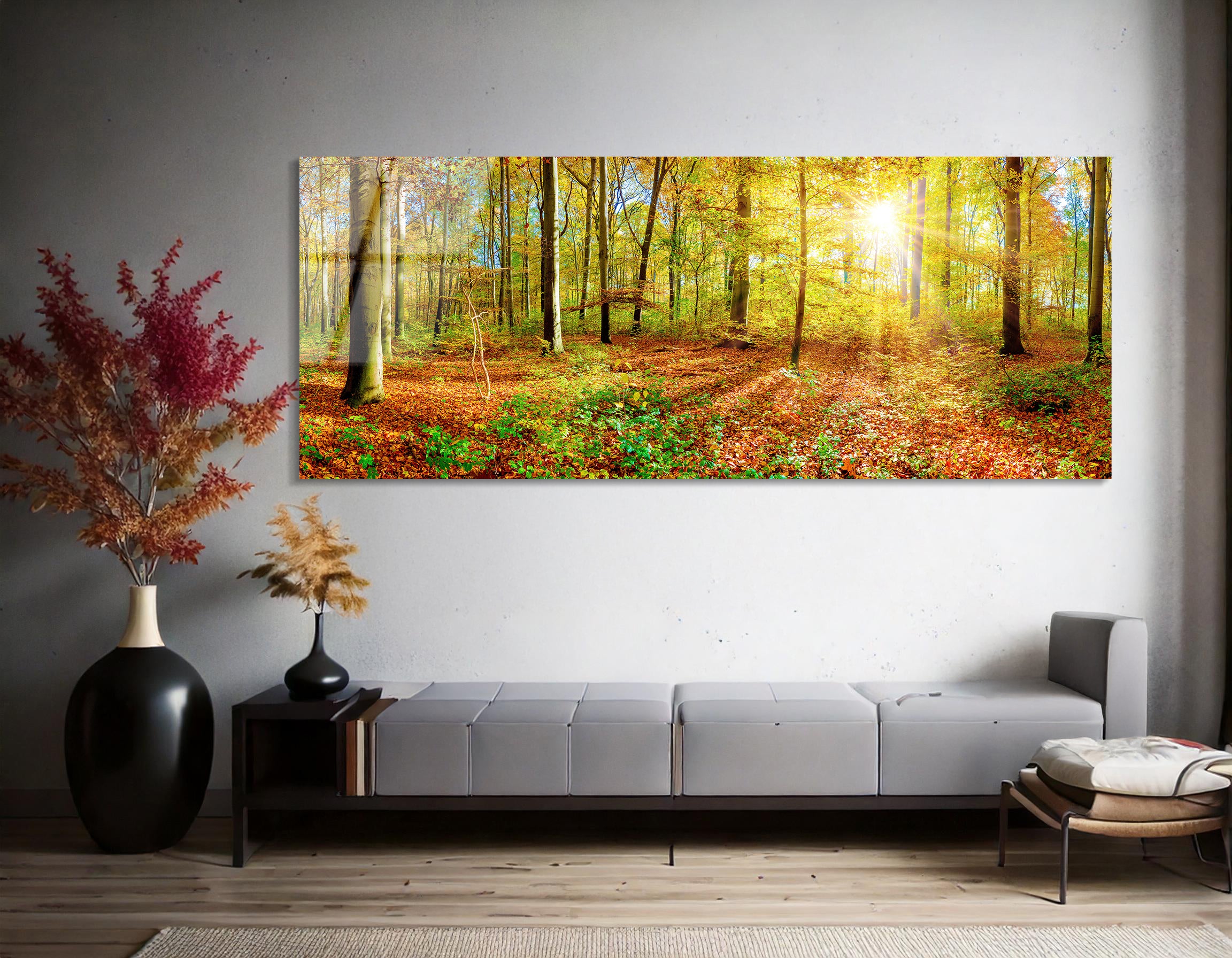 Panoramic Autumn Forest with Sunlit Trees | Premium HD Metal Wall Art