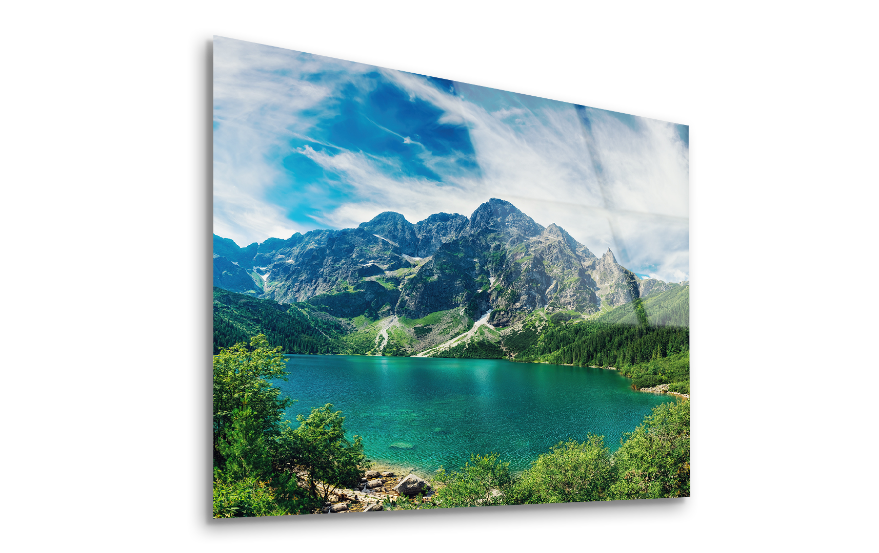Turquoise Alpine Lake Between Rocky Mountains | Premium HD Metal Wall Art