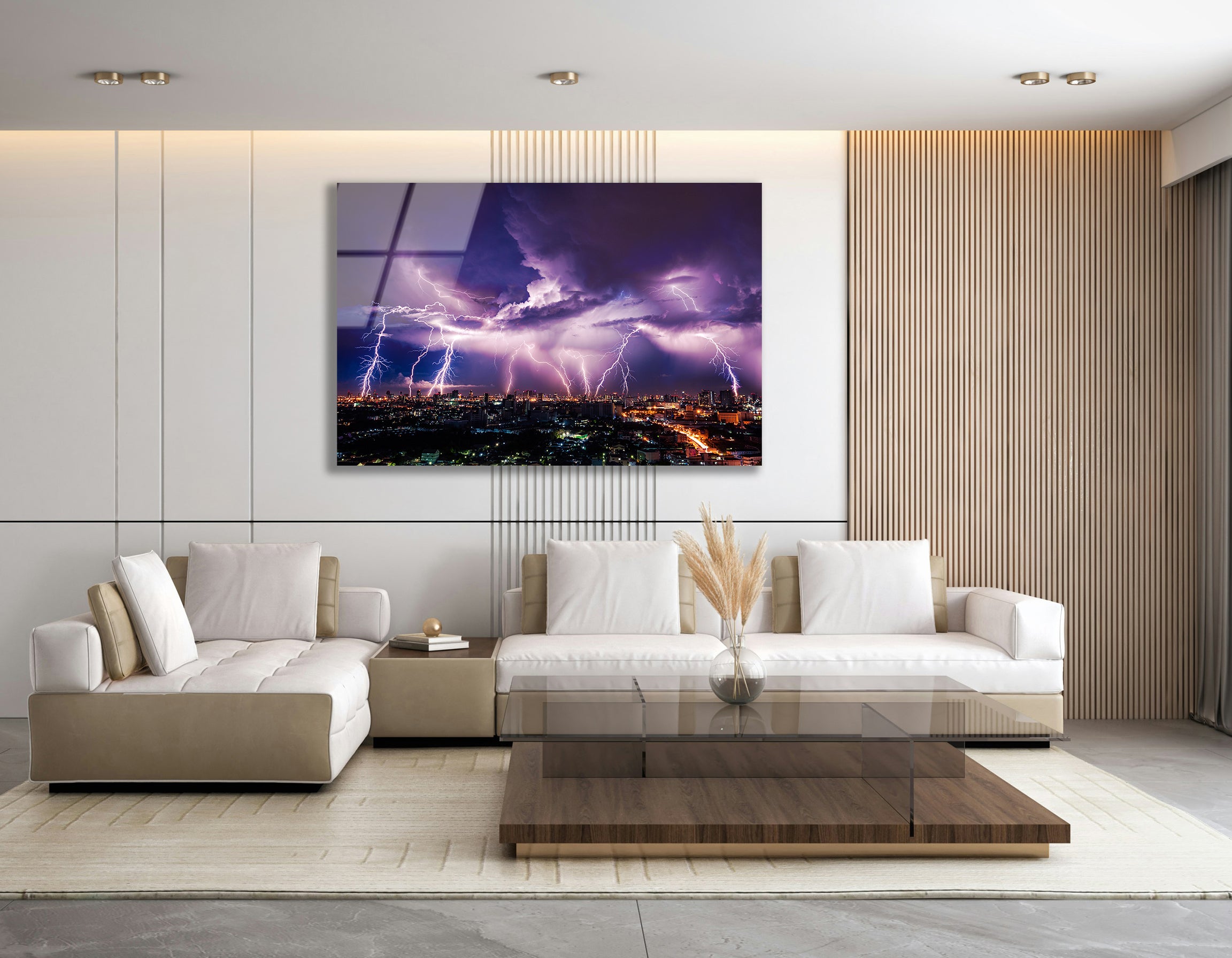 Purple Lightning Storm Over City | Premium HD Metal Wall Art