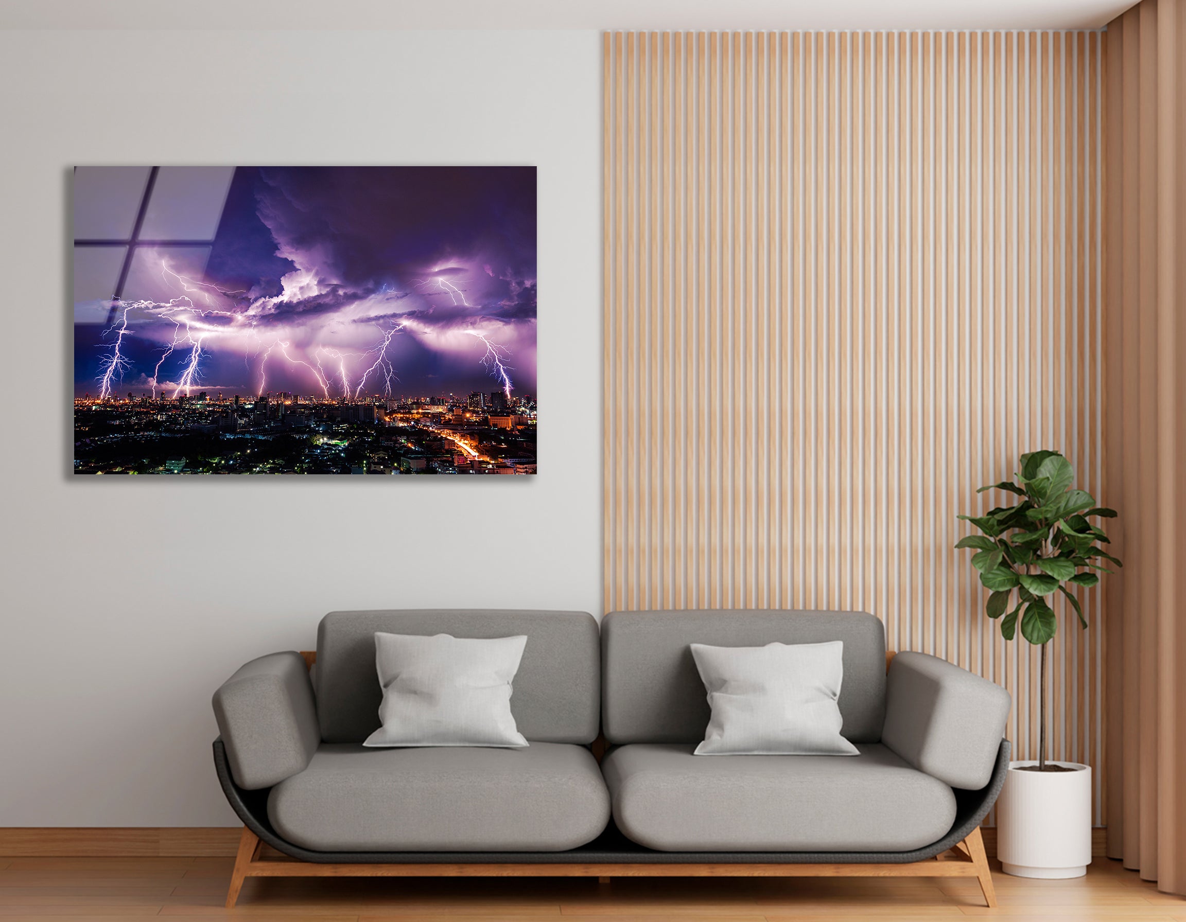 Purple Lightning Storm Over City | Premium HD Metal Wall Art