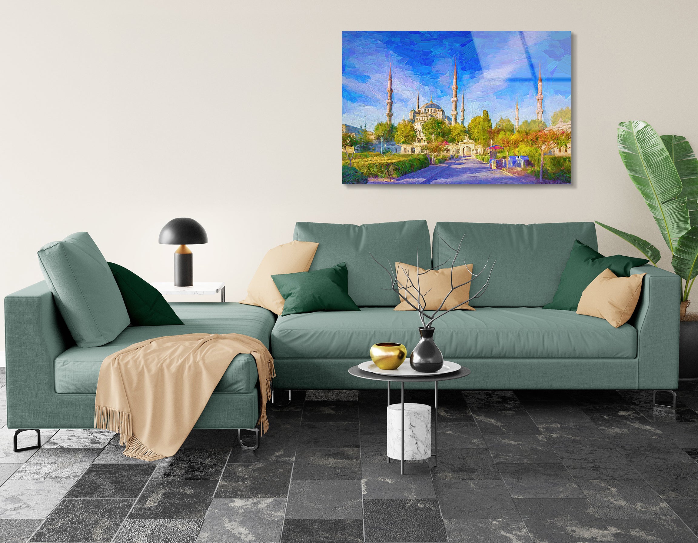 Blue Mosque & Sunny Park Landscape Drawing | Premium HD Metal Wall Art - DezignArt