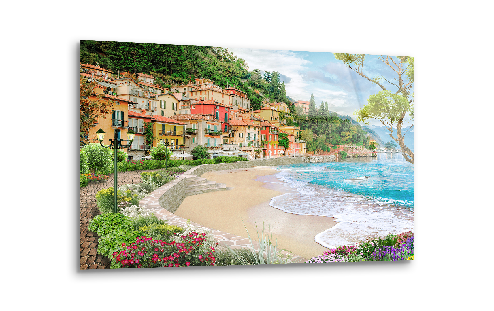 Italian Lake Village Landscape Drawing | Premium HD Metal Wall Art - DezignArt