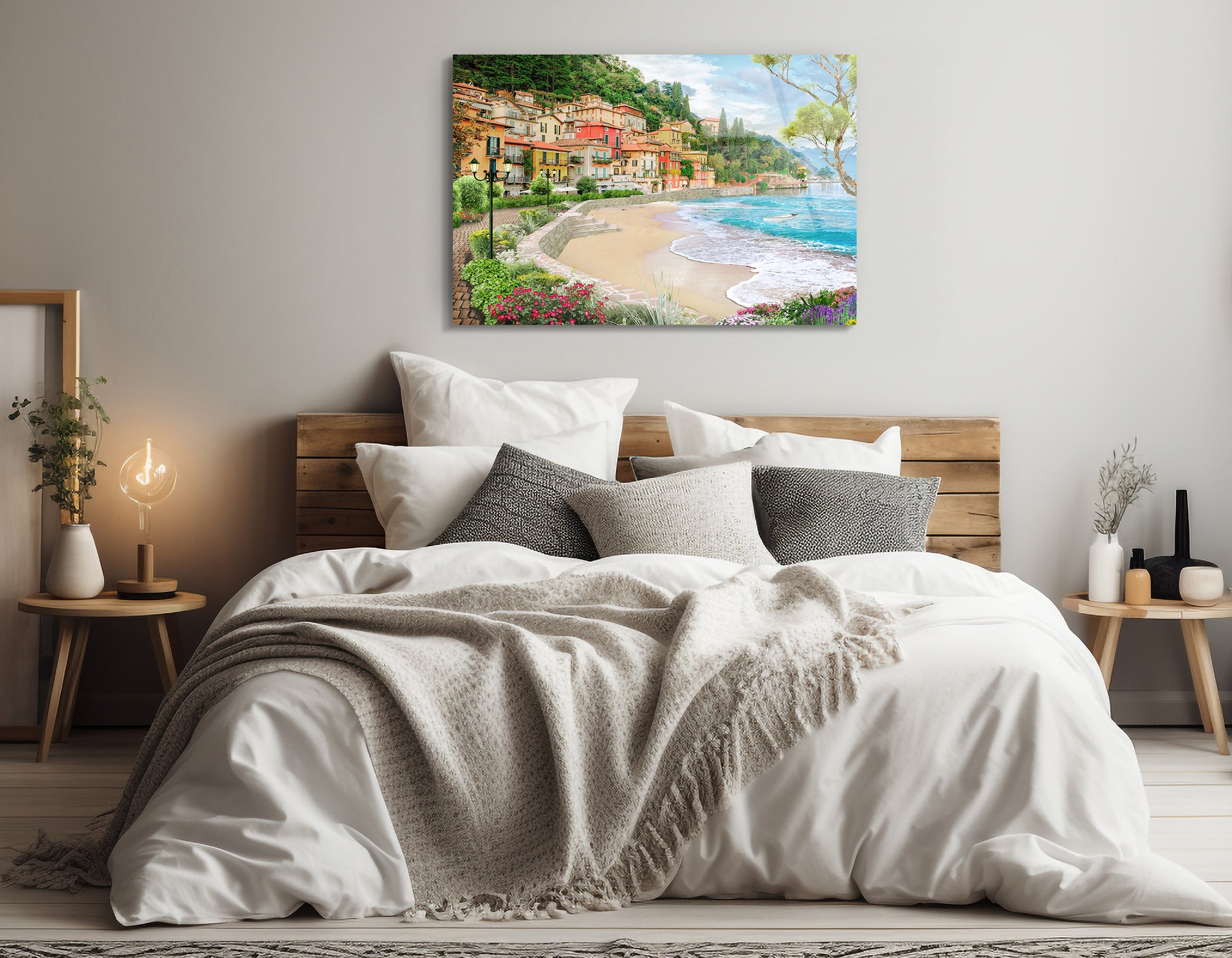 Italian Lake Village Landscape Drawing | Premium HD Metal Wall Art - DezignArt