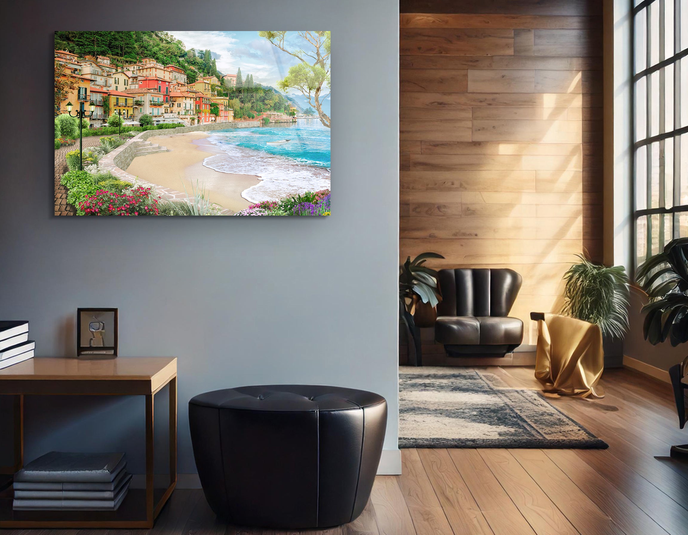 Italian Lake Village Landscape Drawing | Premium HD Metal Wall Art - DezignArt