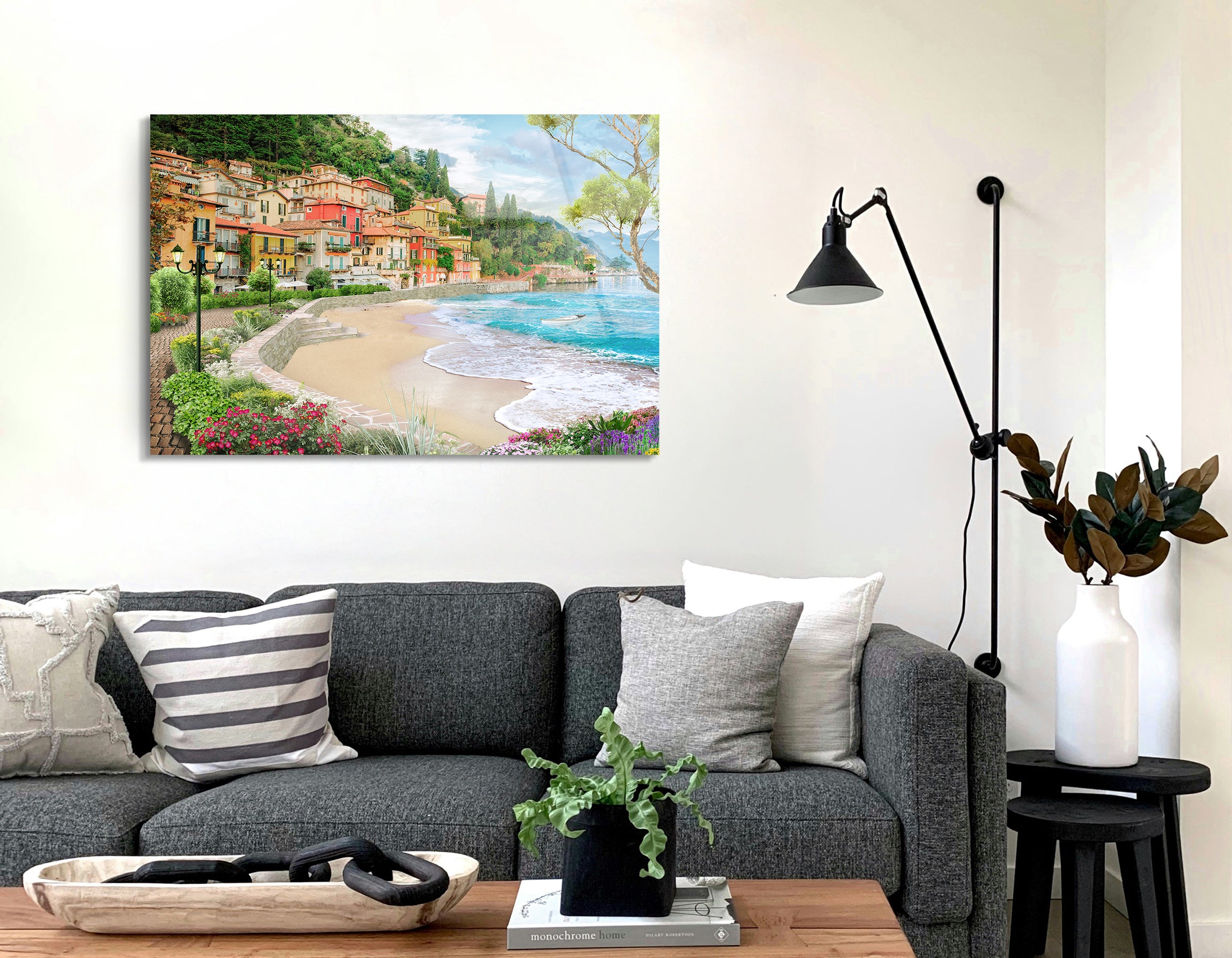Italian Lake Village Landscape Drawing | Premium HD Metal Wall Art - DezignArt