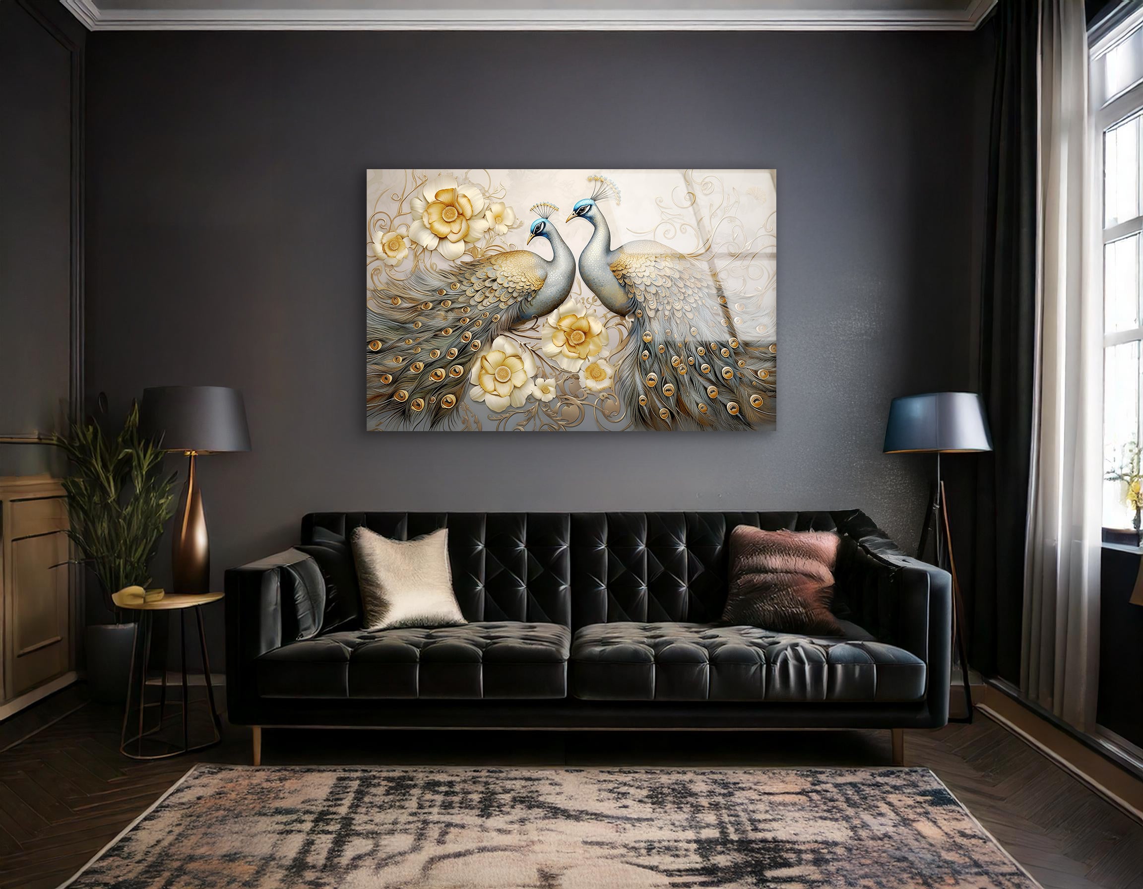 Golden Peacock Elegance & Floral Art | Premium HD Metal Wall Art - DezignArt