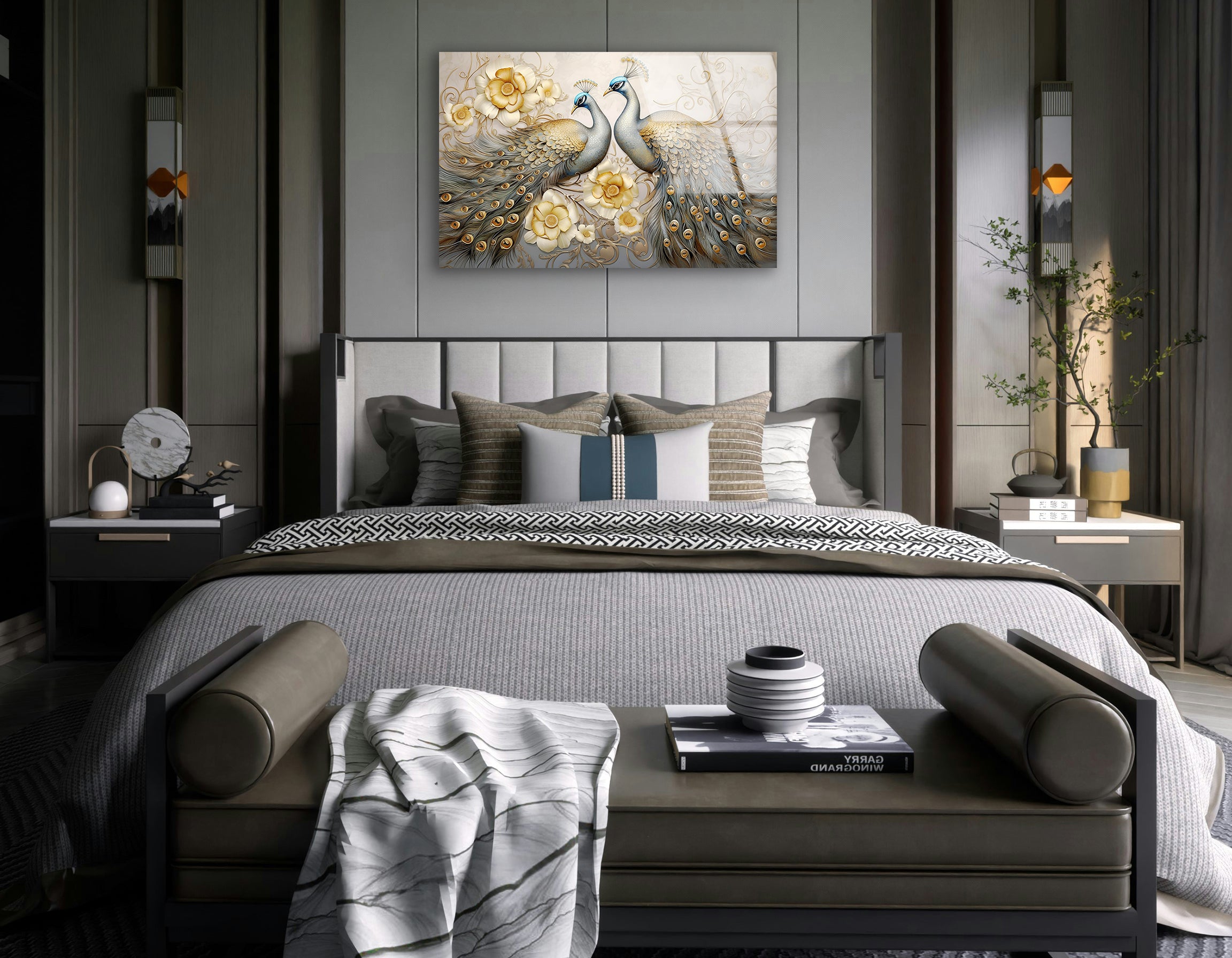 Golden Peacock Elegance & Floral Art | Premium HD Metal Wall Art - DezignArt