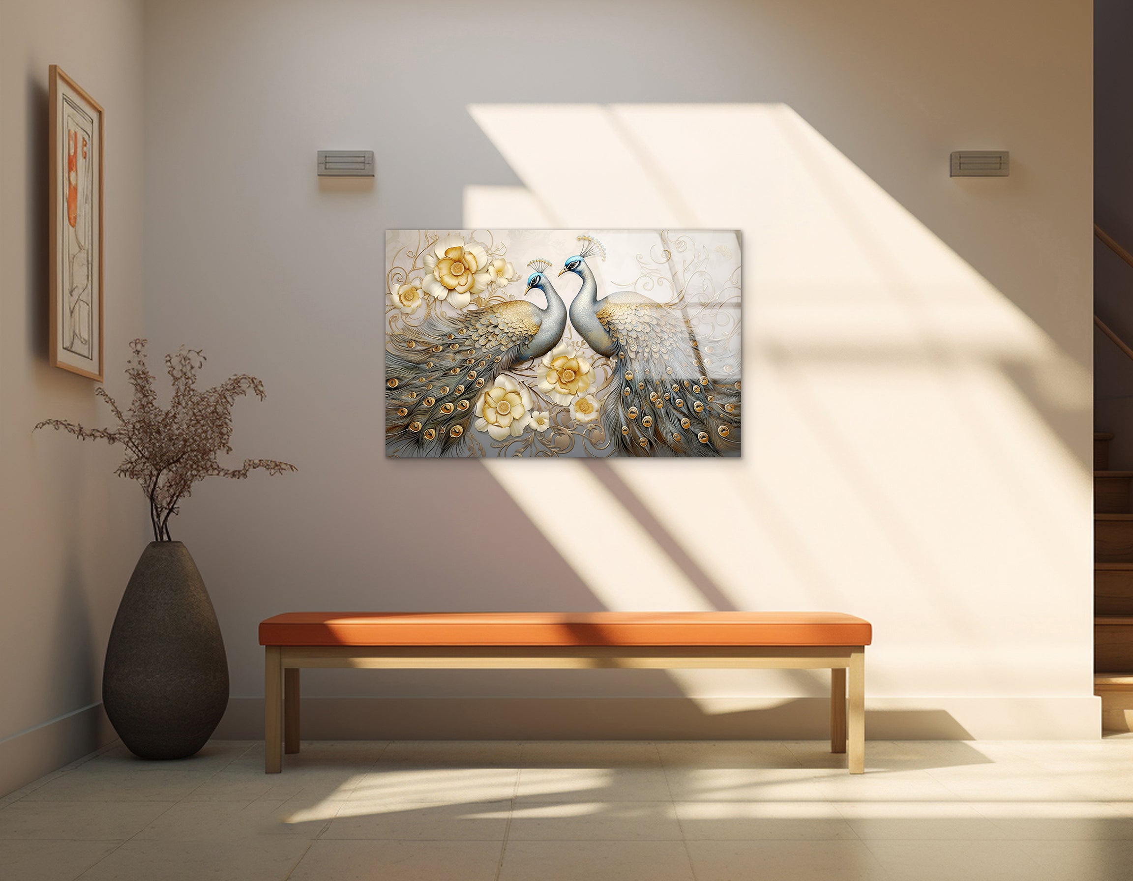 Golden Peacock Elegance & Floral Art | Premium HD Metal Wall Art - DezignArt