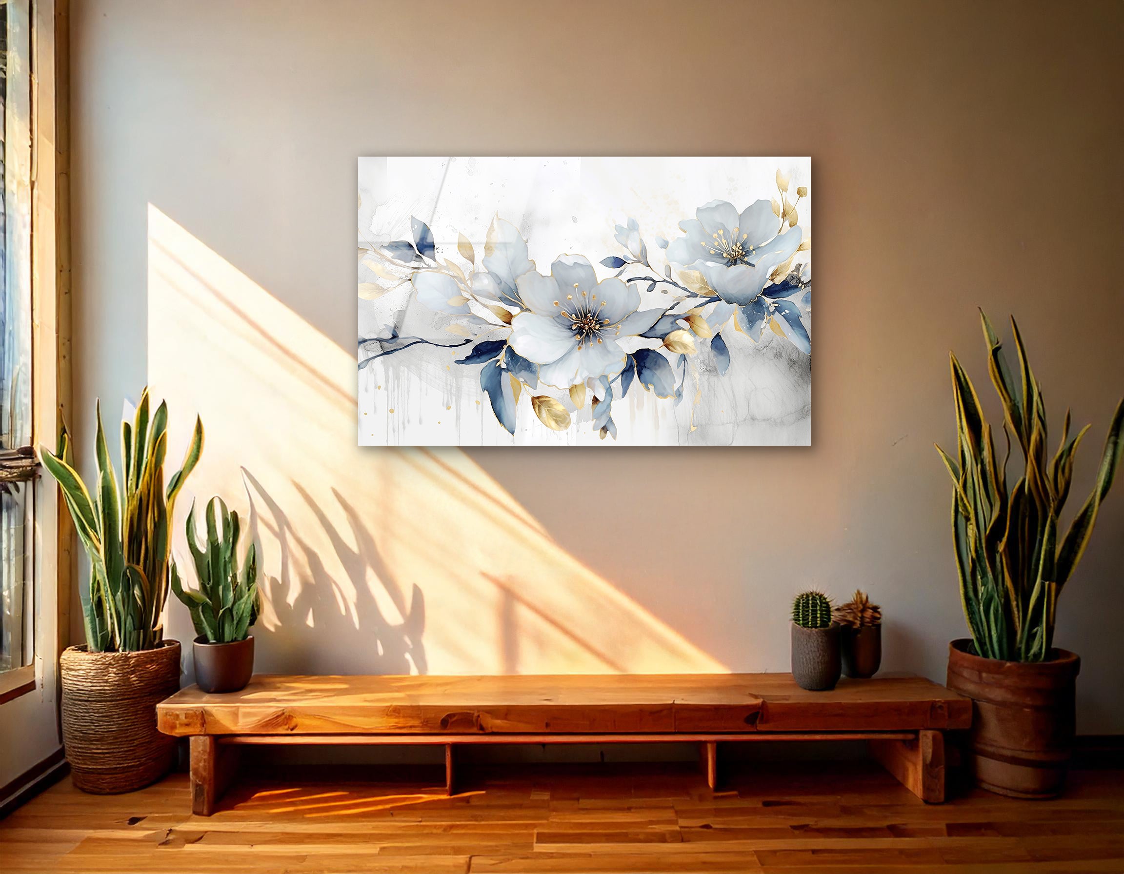 Golden Bloom & Blue Elegance | Premium HD Metal Wall Art - DezignArt
