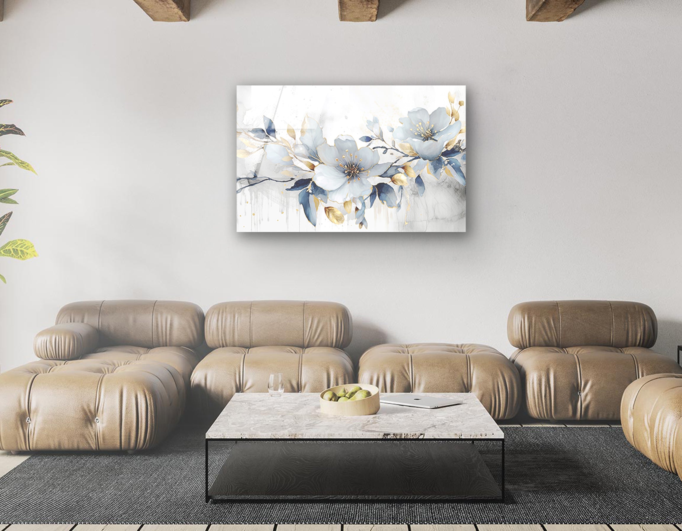 Golden Bloom & Blue Elegance | Premium HD Metal Wall Art - DezignArt