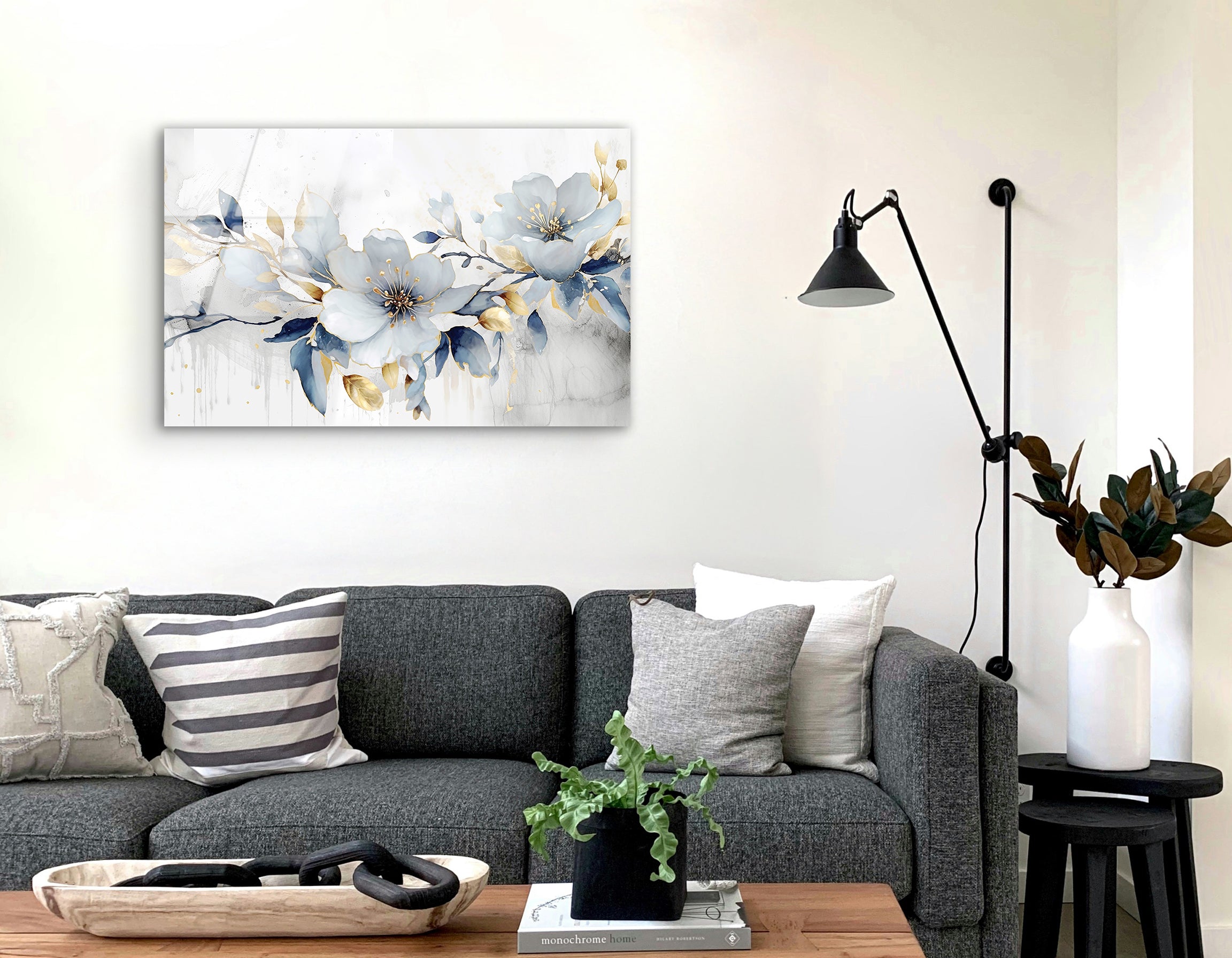Golden Bloom & Blue Elegance | Premium HD Metal Wall Art - DezignArt
