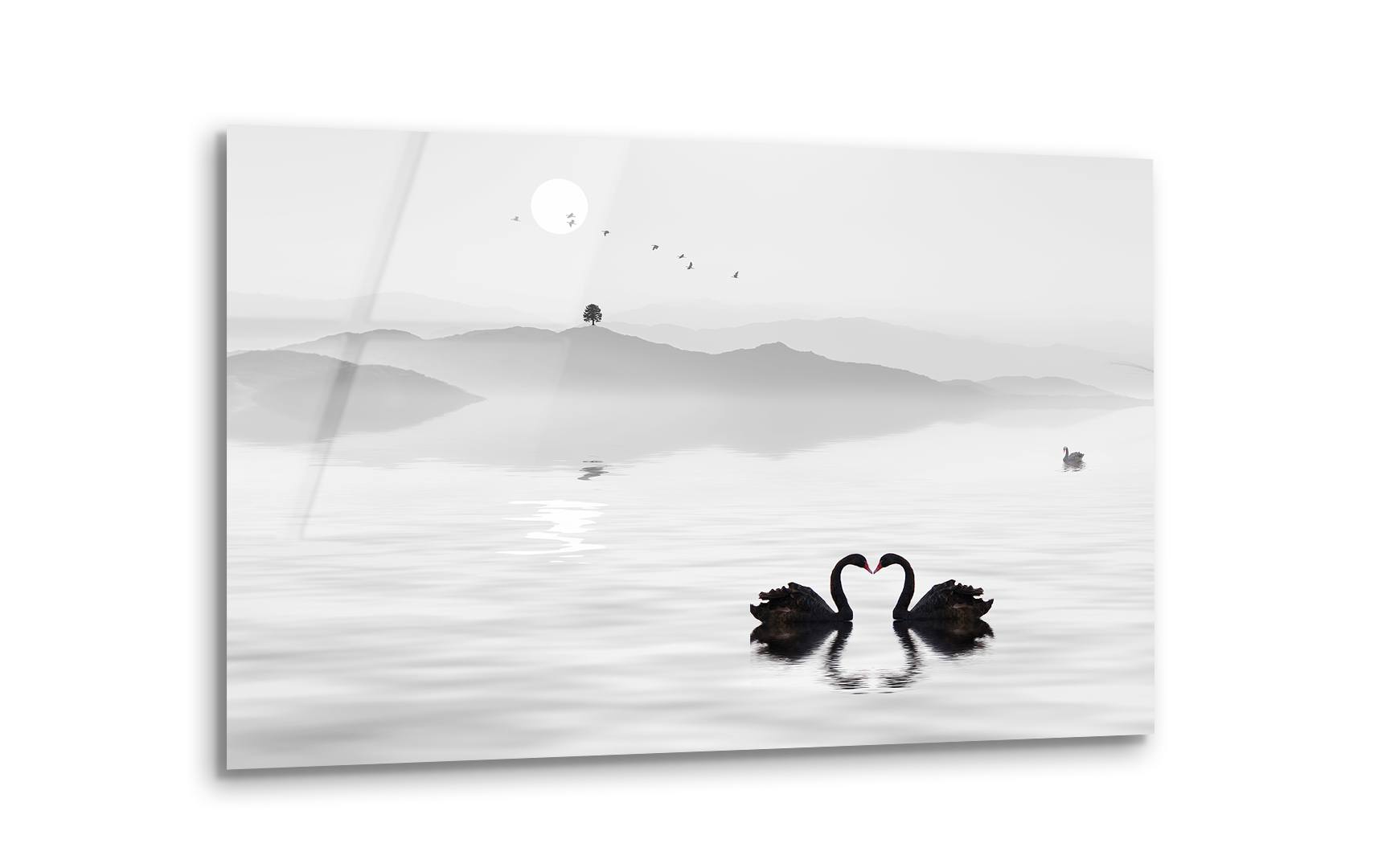 Swan Lake Chinese Ink Landscape Drawing | Premium HD Metal Wall Art - DezignArt