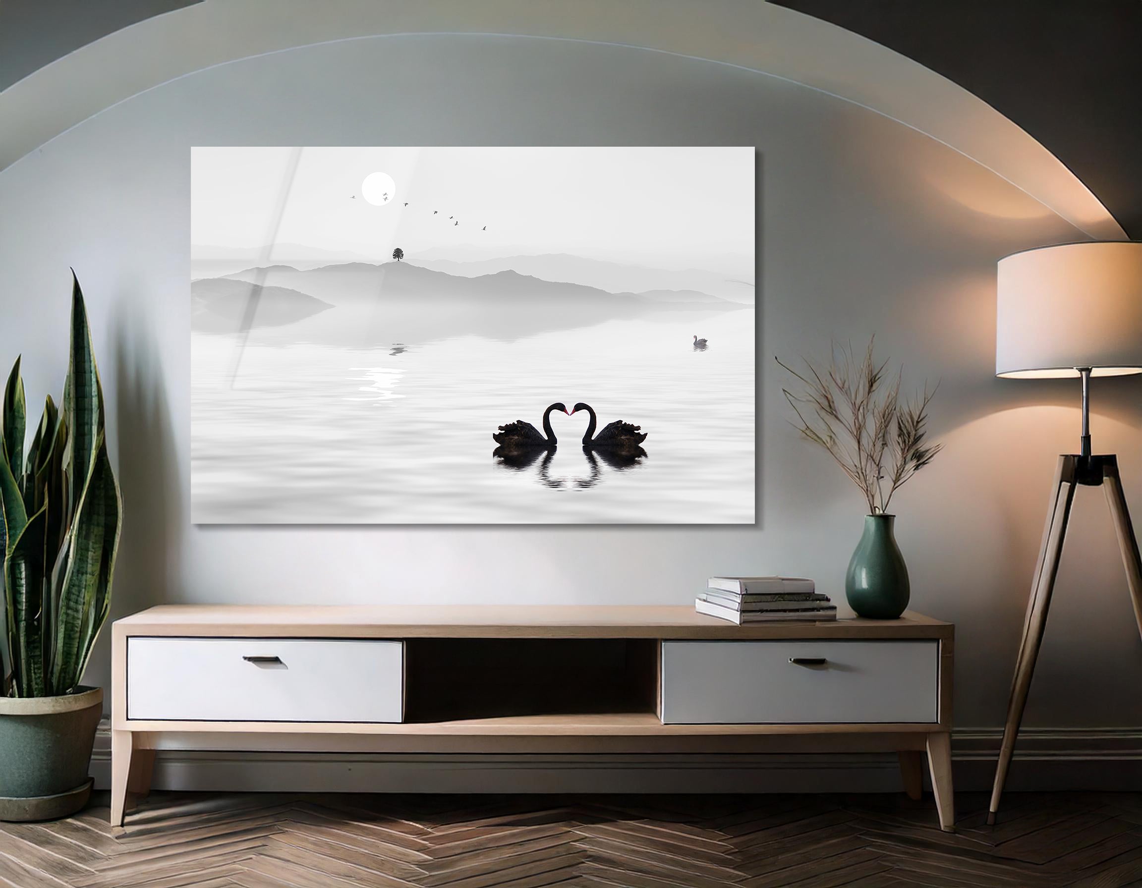 Swan Lake Chinese Ink Landscape Drawing | Premium HD Metal Wall Art - DezignArt