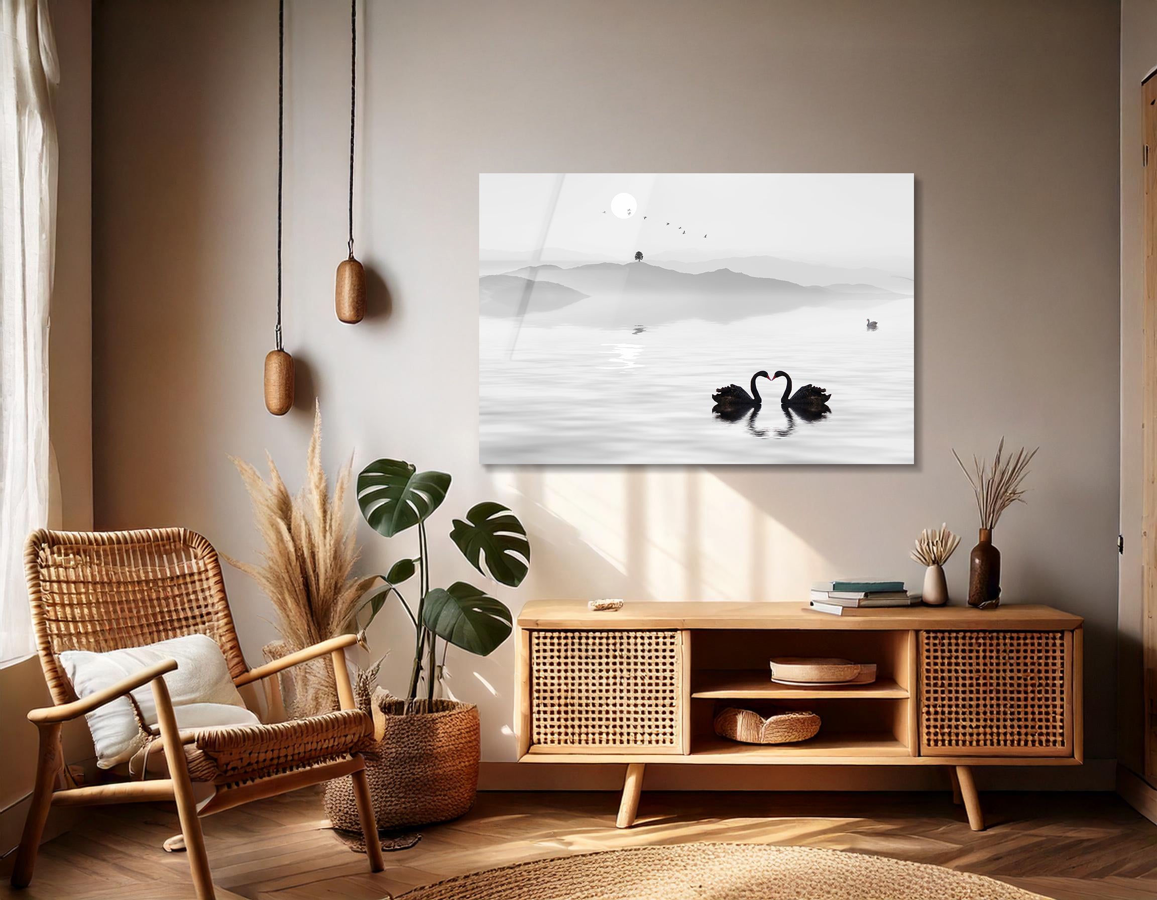 Swan Lake Chinese Ink Landscape Drawing | Premium HD Metal Wall Art - DezignArt