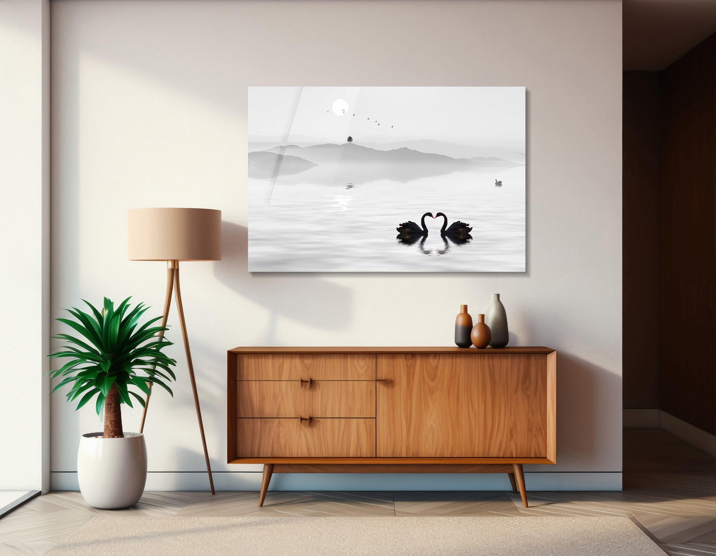 Swan Lake Chinese Ink Landscape Drawing | Premium HD Metal Wall Art - DezignArt