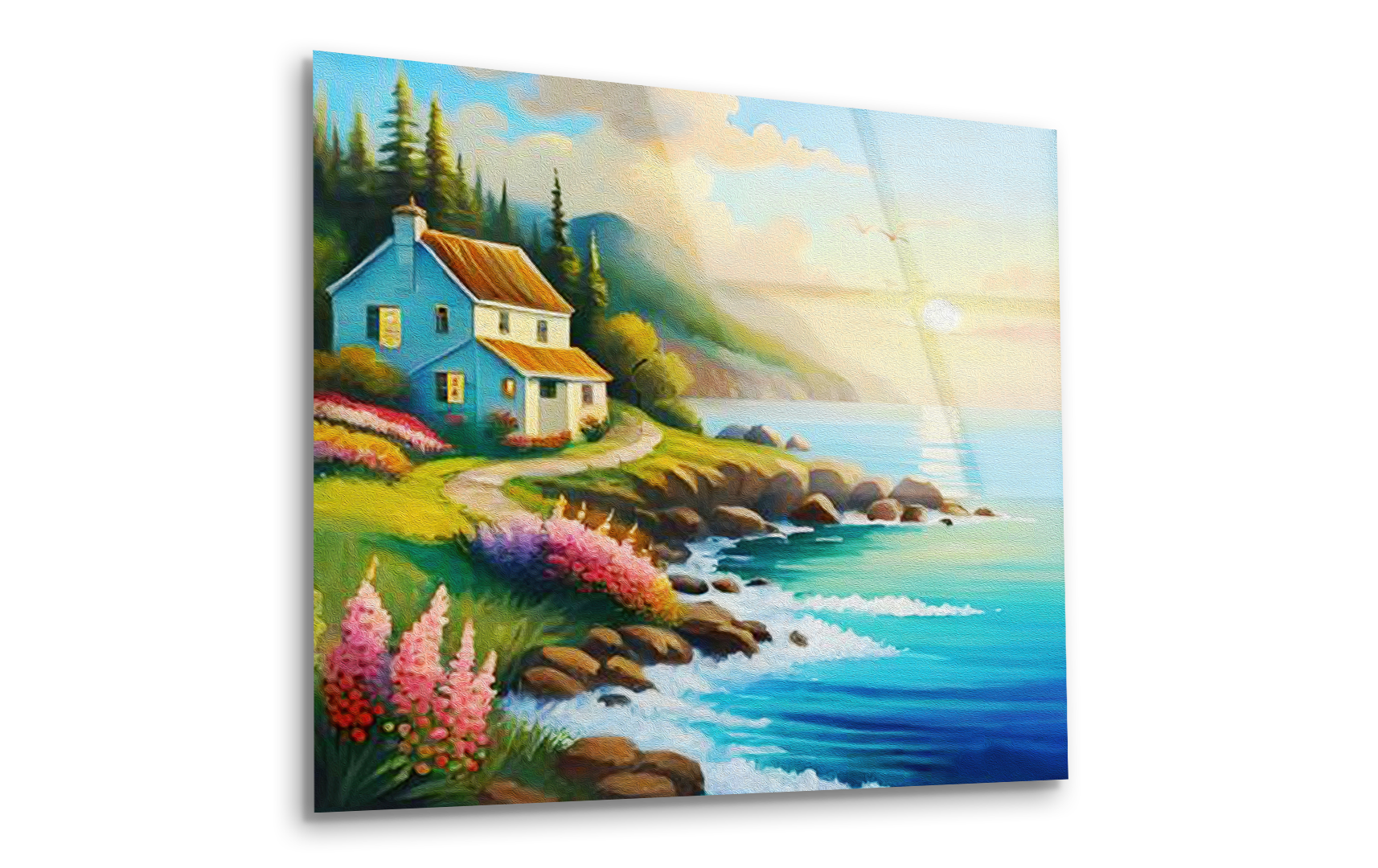 Charming Seaside Cottage Oil Painting | Premium HD Metal Wall Art