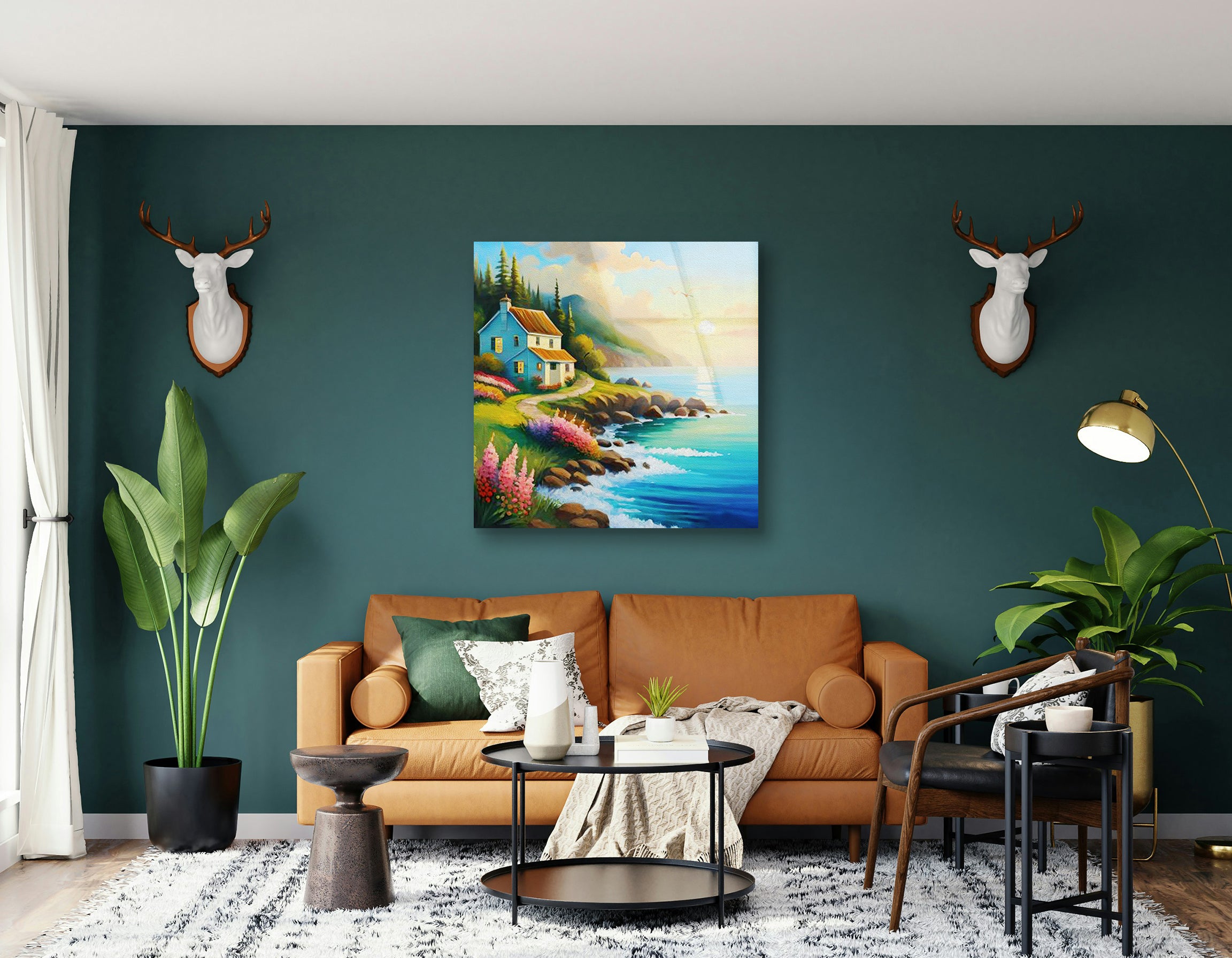 Charming Seaside Cottage Oil Painting | Premium HD Metal Wall Art