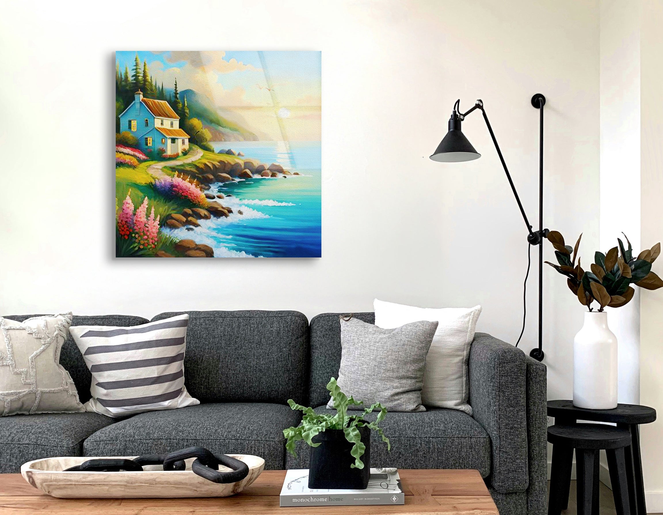 Charming Seaside Cottage Oil Painting | Premium HD Metal Wall Art