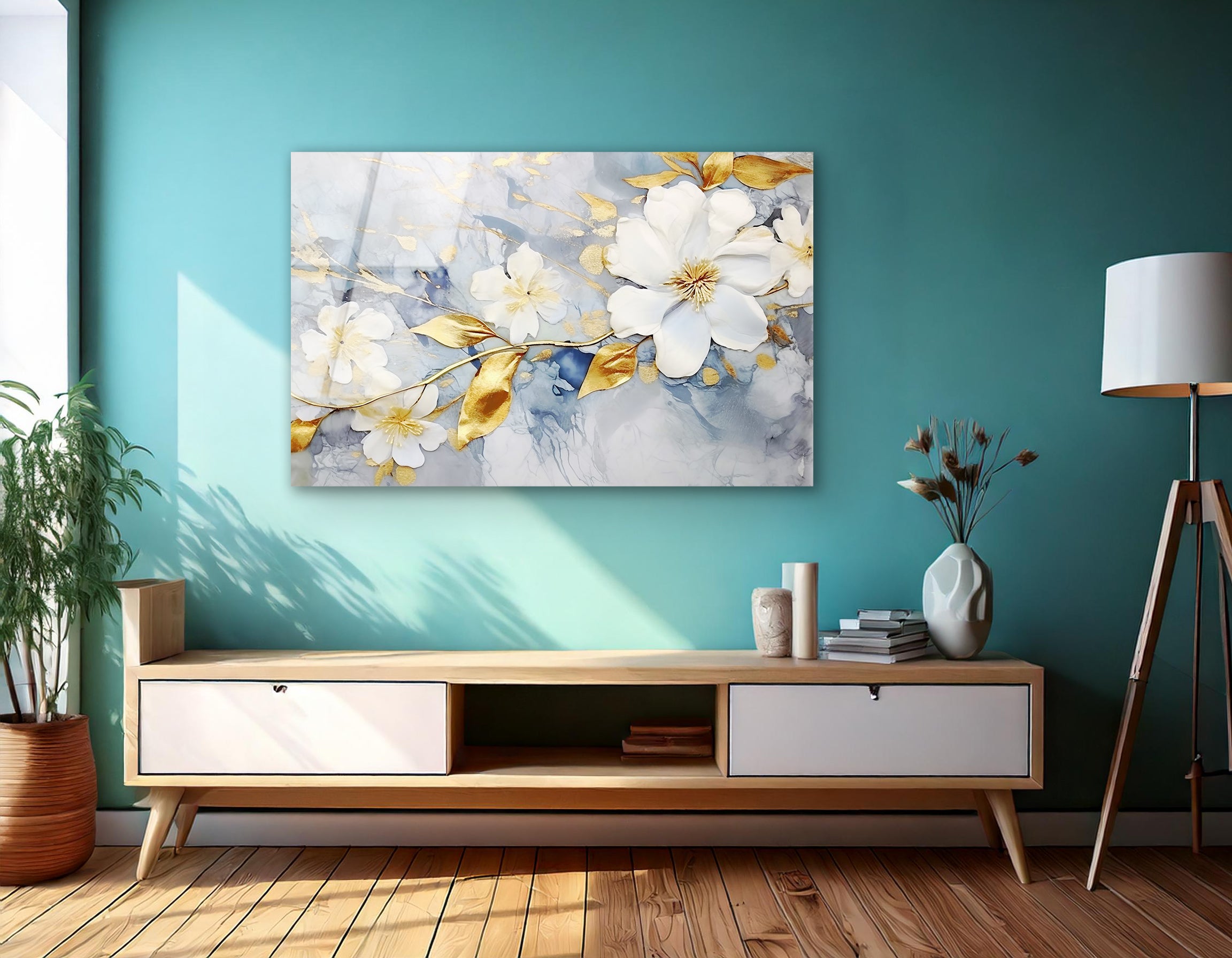 Abstract Floral & Gold Branches | Premium HD Metal Wall Art - DezignArt