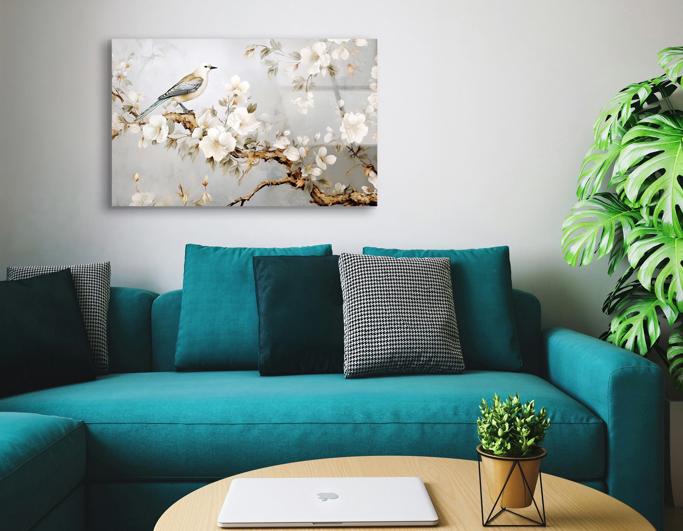 Bird on Blossom Tree Abstract Drawing | Premium HD Metal Wall Art - DezignArt