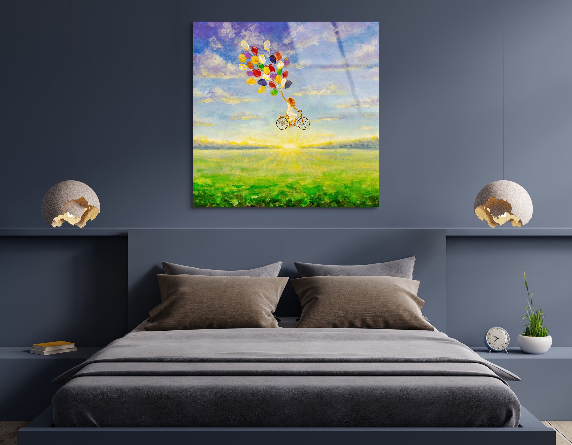 Happy Girl on Bicycle with Balloons Painting | Premium HD Metal Wall Art